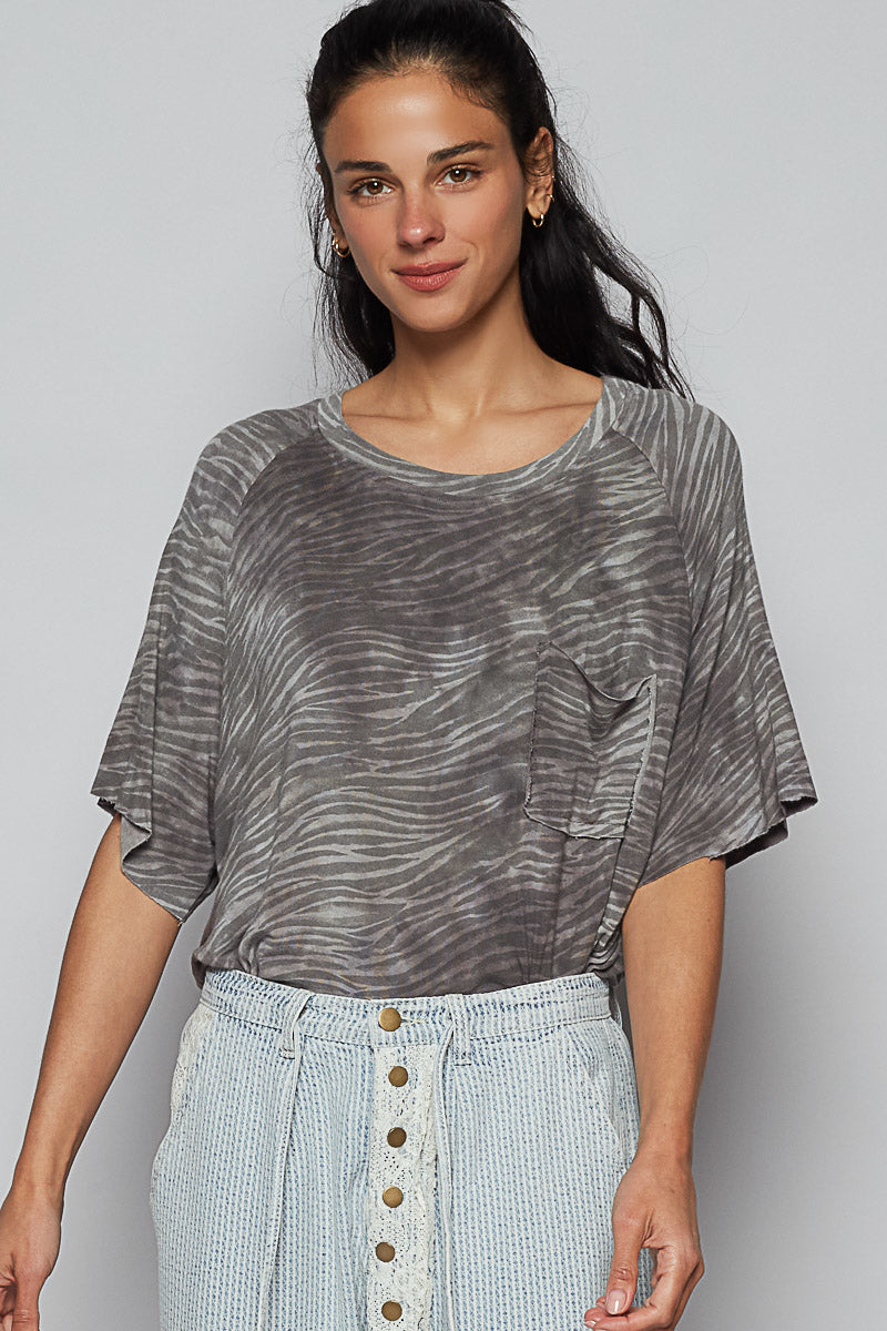 POL Short Sleeve Pocket Top Grey Zebra