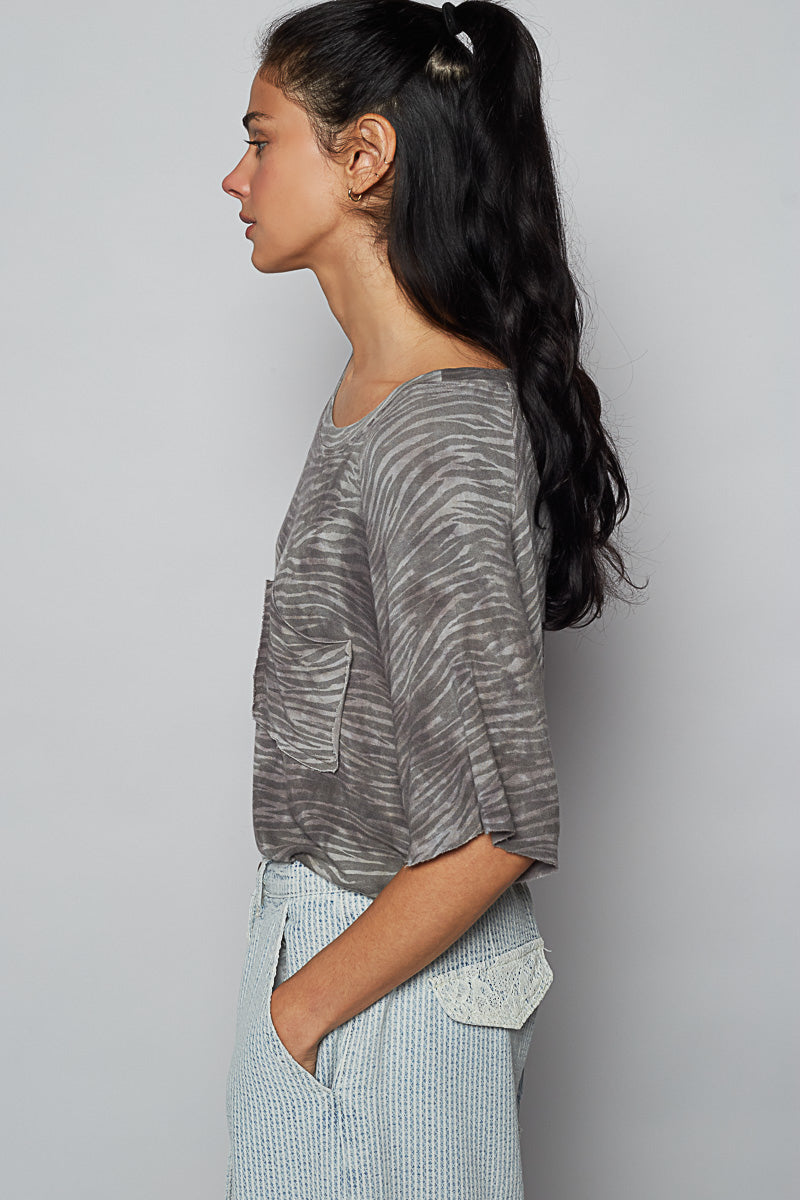 POL Short Sleeve Pocket Top Grey Zebra