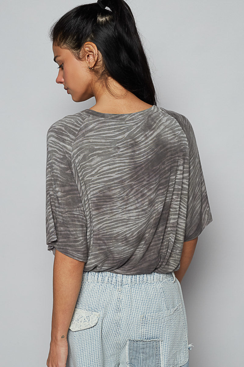 POL Short Sleeve Pocket Top Grey Zebra