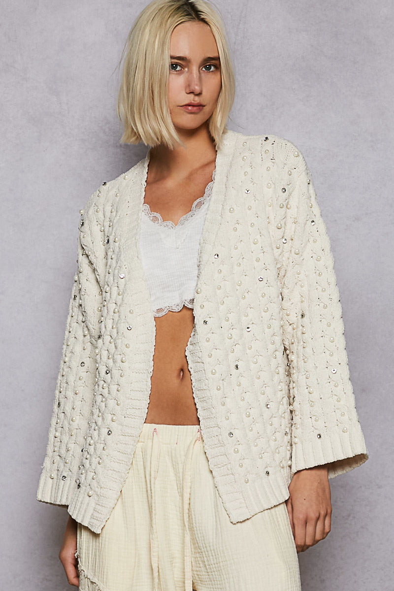 POL Pearl Crystal Open Cardigan Powder Cream