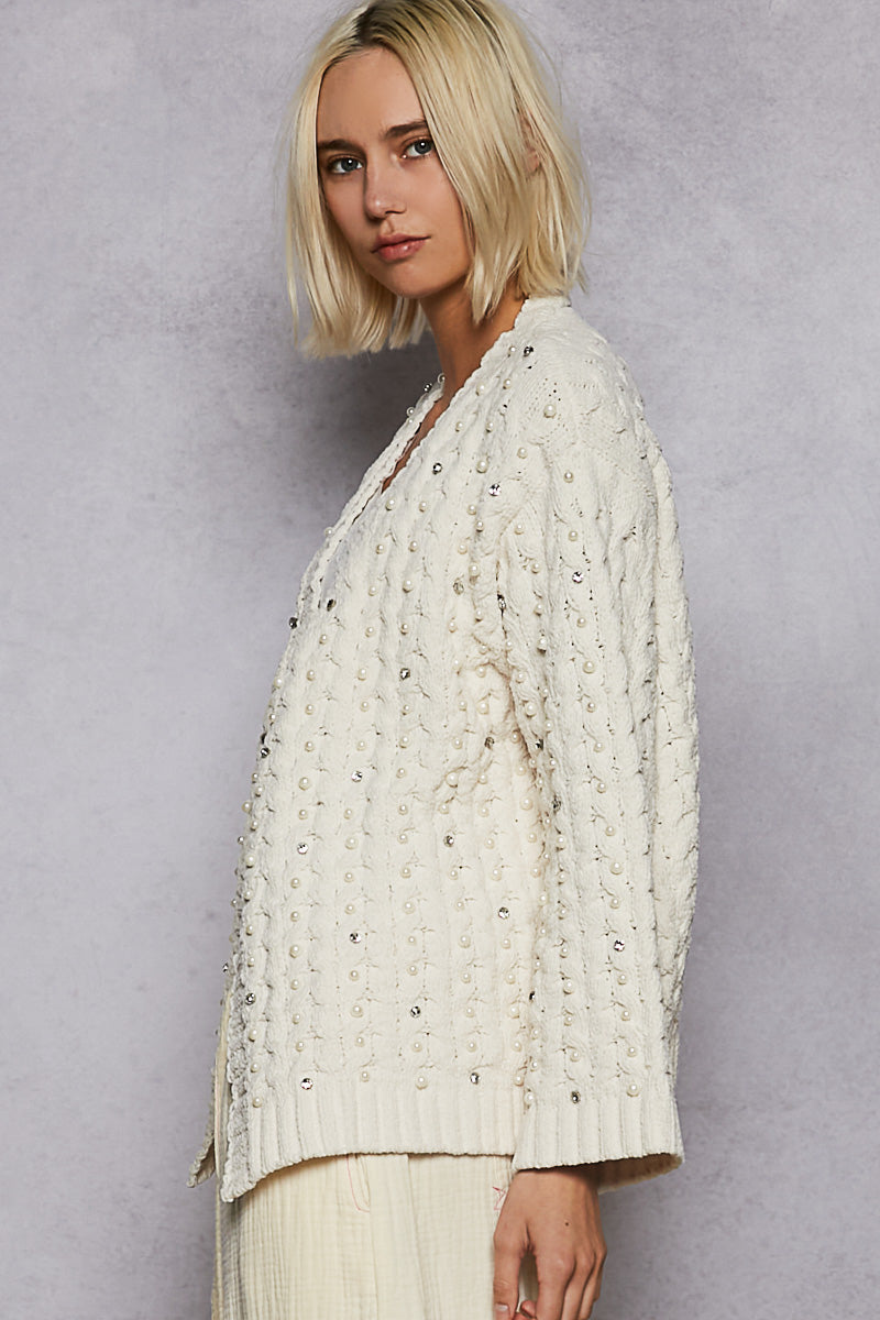 POL Pearl Crystal Open Cardigan Powder Cream