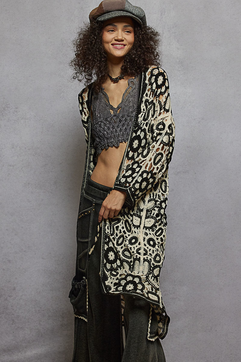 POL Black Crochet Duster