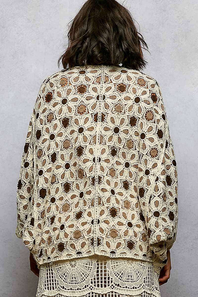 POL Grey Floral Crochet Cardigan