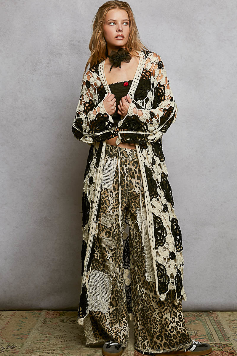 POL Black and Cream Crochet Duster