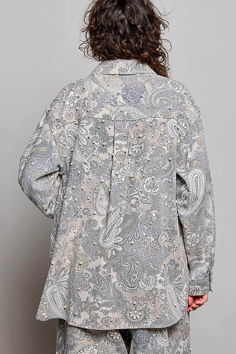 POL Sand Paisley Pearl Button Down Top