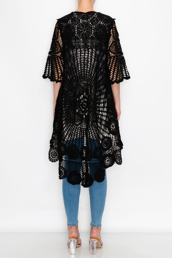 ORIGAMI Black High Low Crochet Cardigan