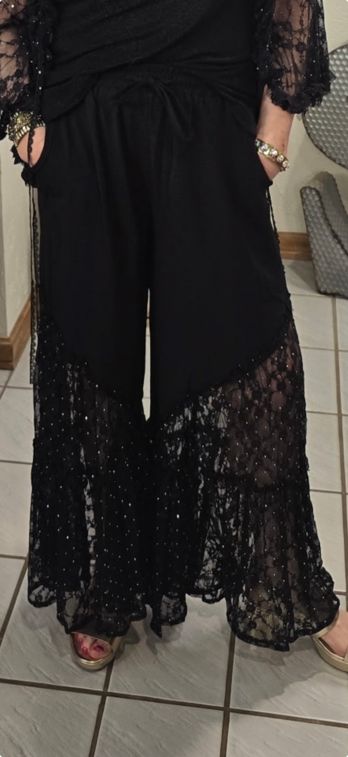 ORIGAMI Black Flowy Pants with Sparkle Lace Bottom