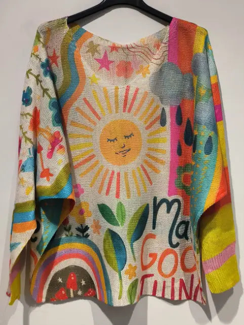 Yellow Sunshine V-Neck Knit Printed Sweater