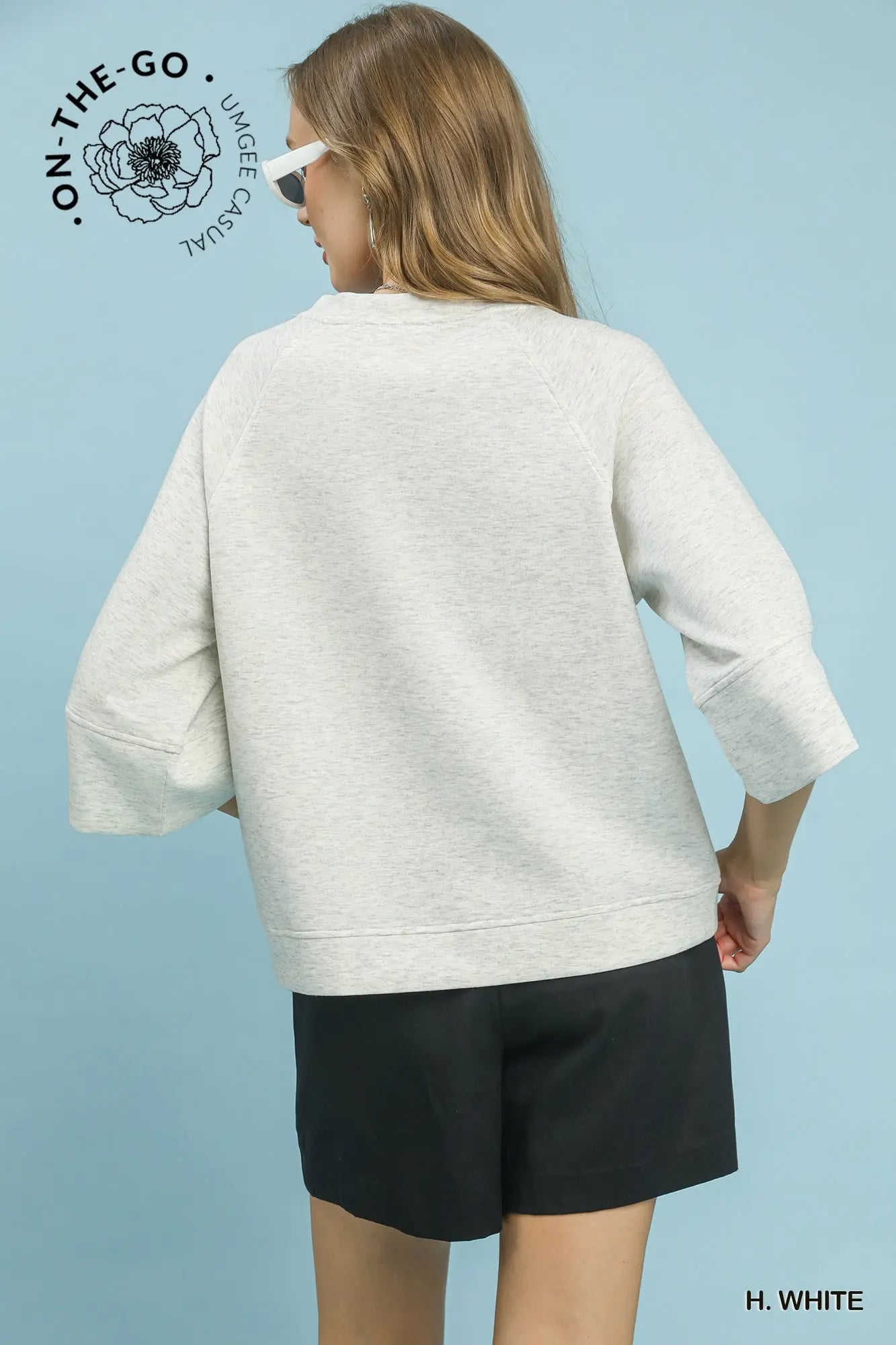 UMGEE Heather White 3/4 Sleeved Drop Shoulder Top