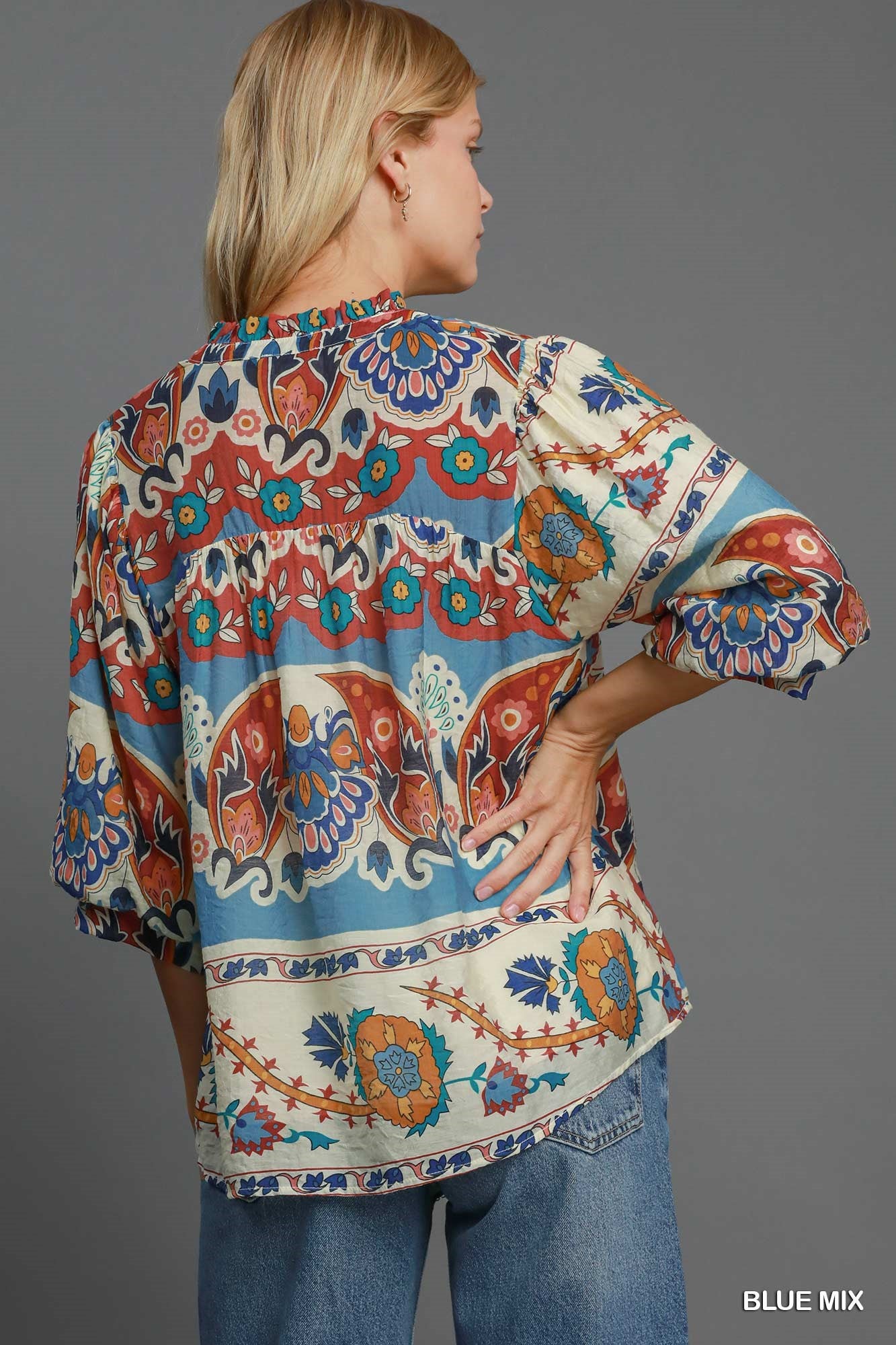 UMGEE Split Neck Print Top Blue Mix