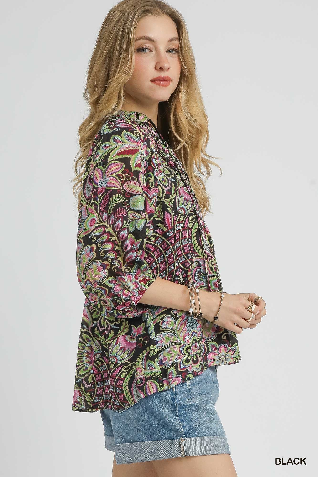 UMGEE Floral Paisley Boho Top Black