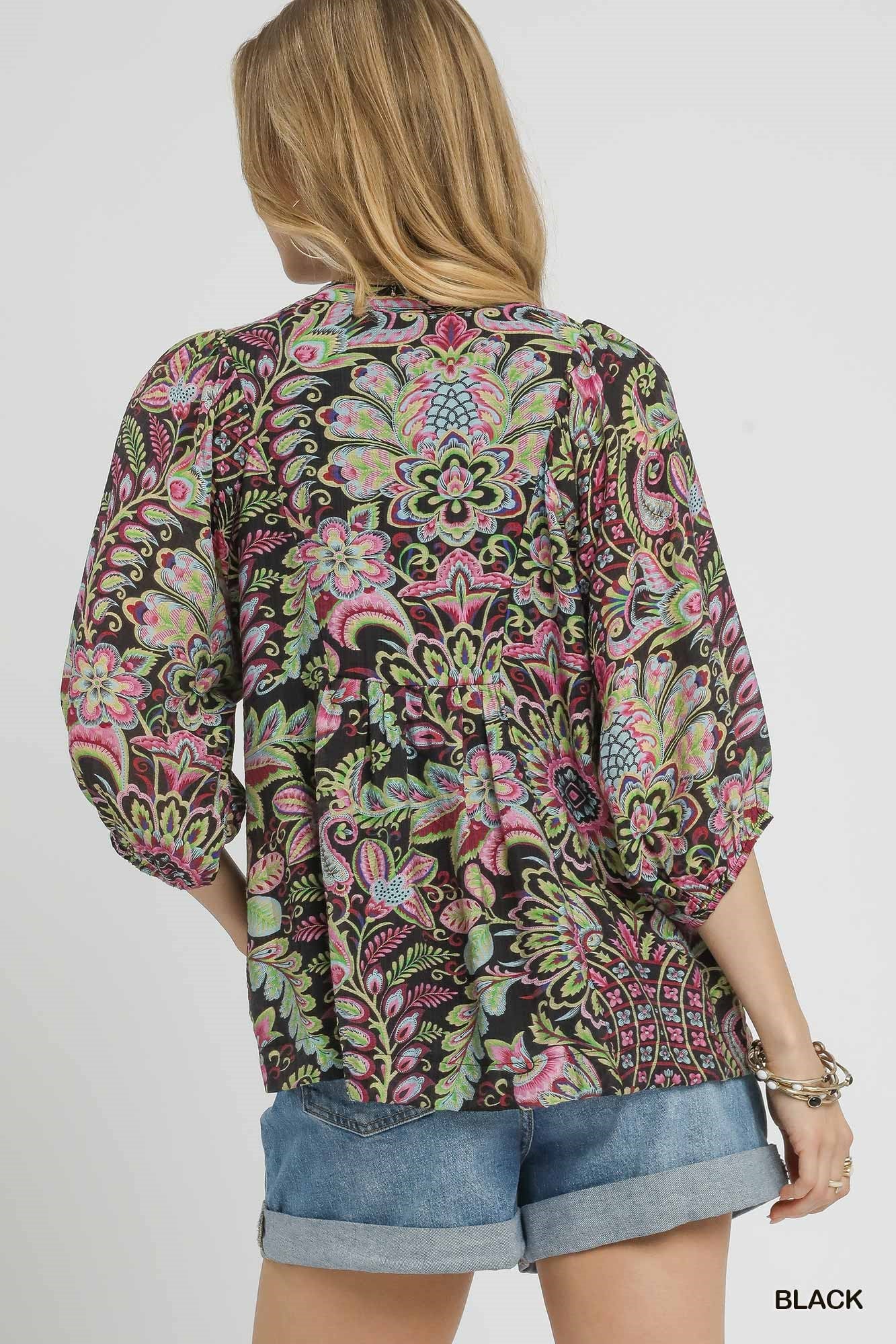 UMGEE Floral Paisley Boho Top Black