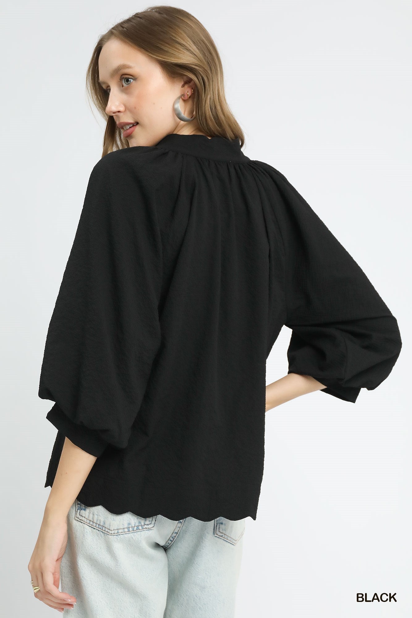 UMGEE Split V Neck Scalloped Top with Balloon Sleeves Black