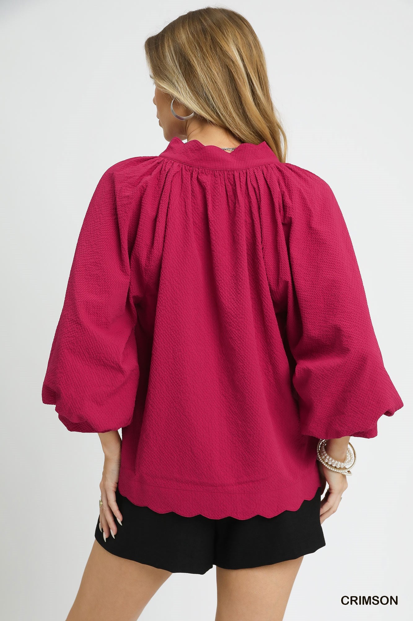 UMGEE Split V Neck Scalloped Top with Balloon Sleeves Crimson
