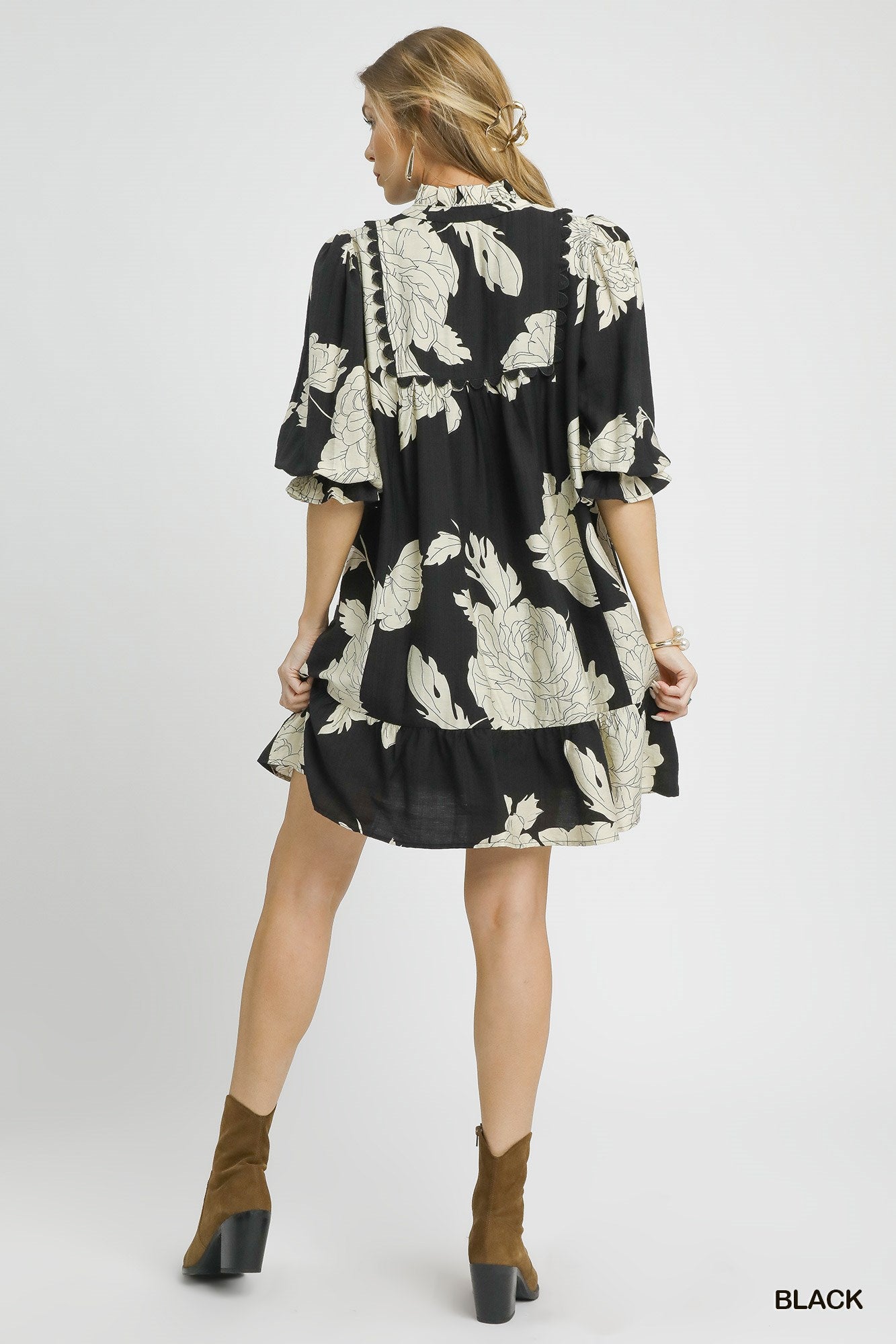 UMGEE Floral Tiered Babydoll Dress Black