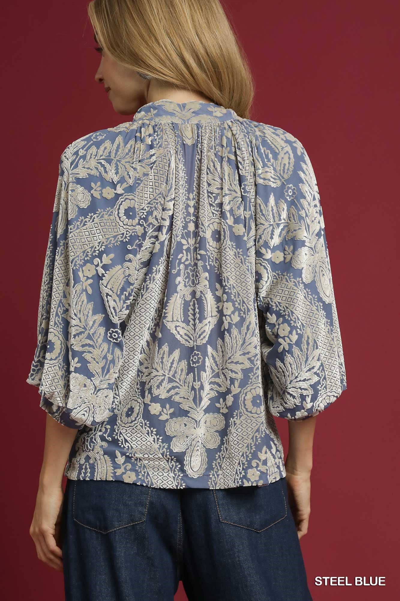UMGEE Damask Print Velvet Split Neck Top Steel Blue