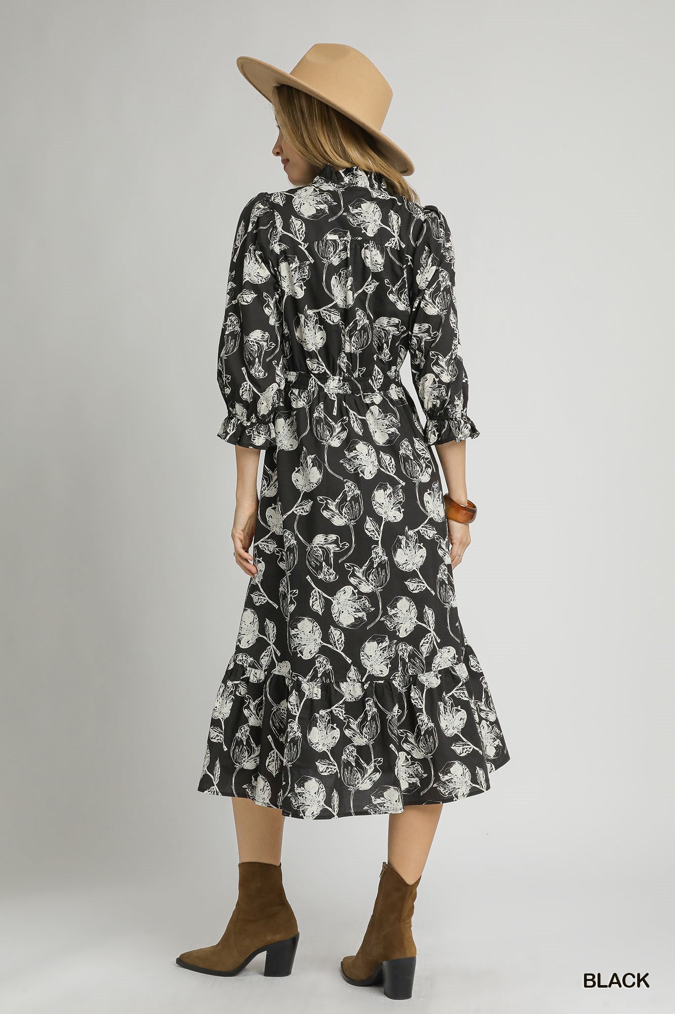UMGEE Floral Print Button Down Midi Dress