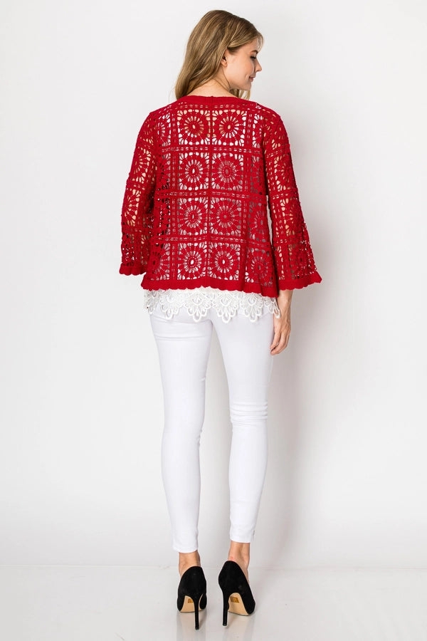 ORIGAMI Red Short Crochet Cardigan