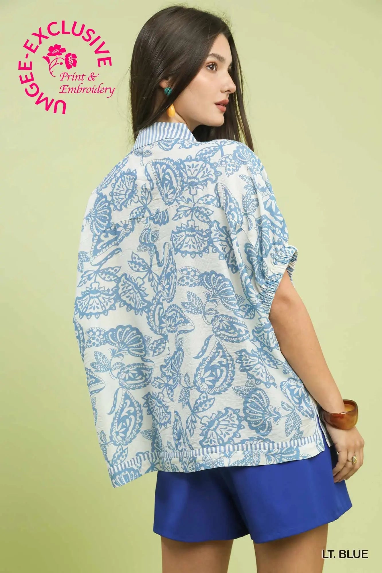 UMGEE Lt. Blue Botanical Print Tunic Top