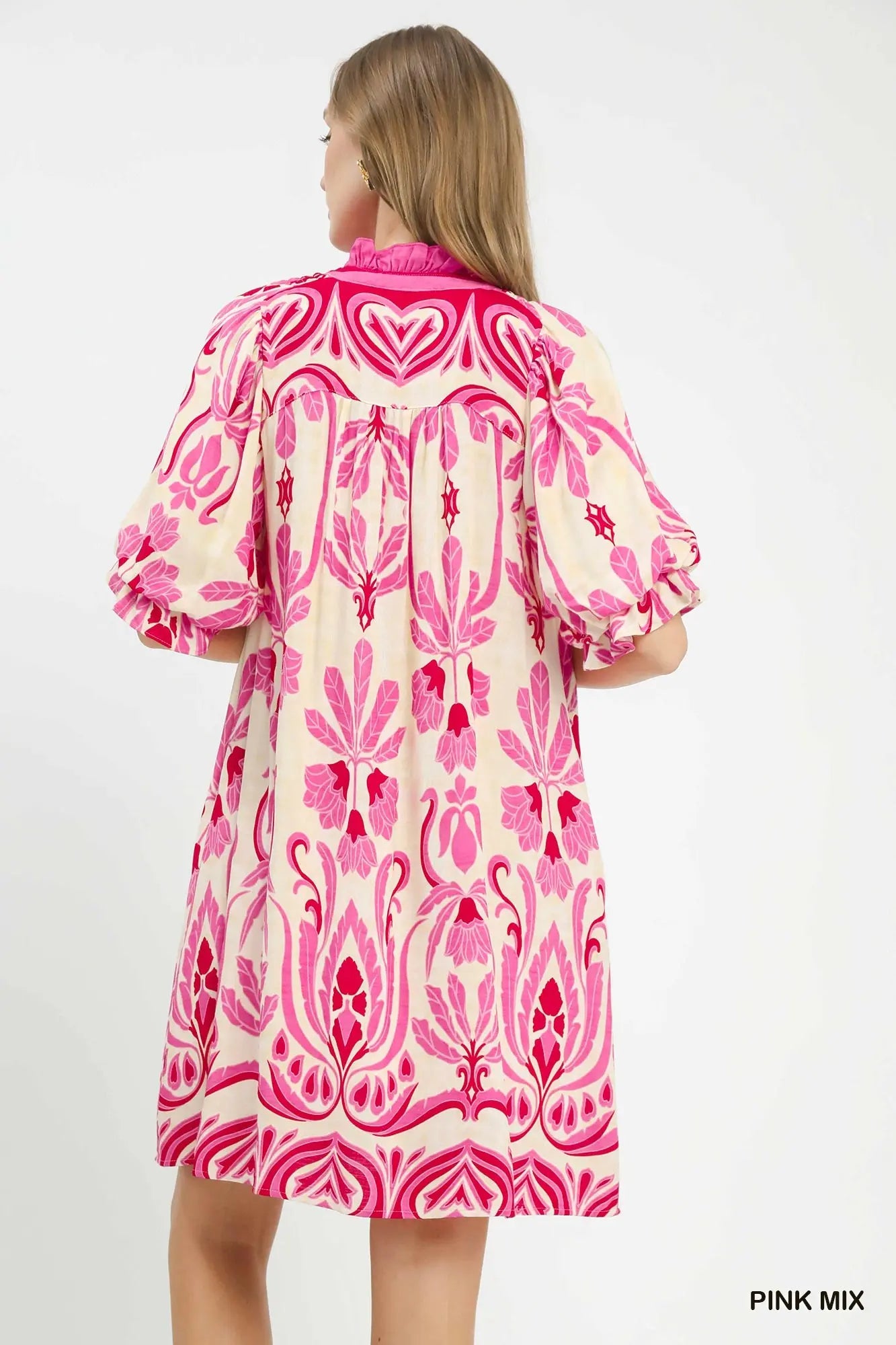UMGEE Pink Boho Smocked Neck Contrast Trim Shift Dress