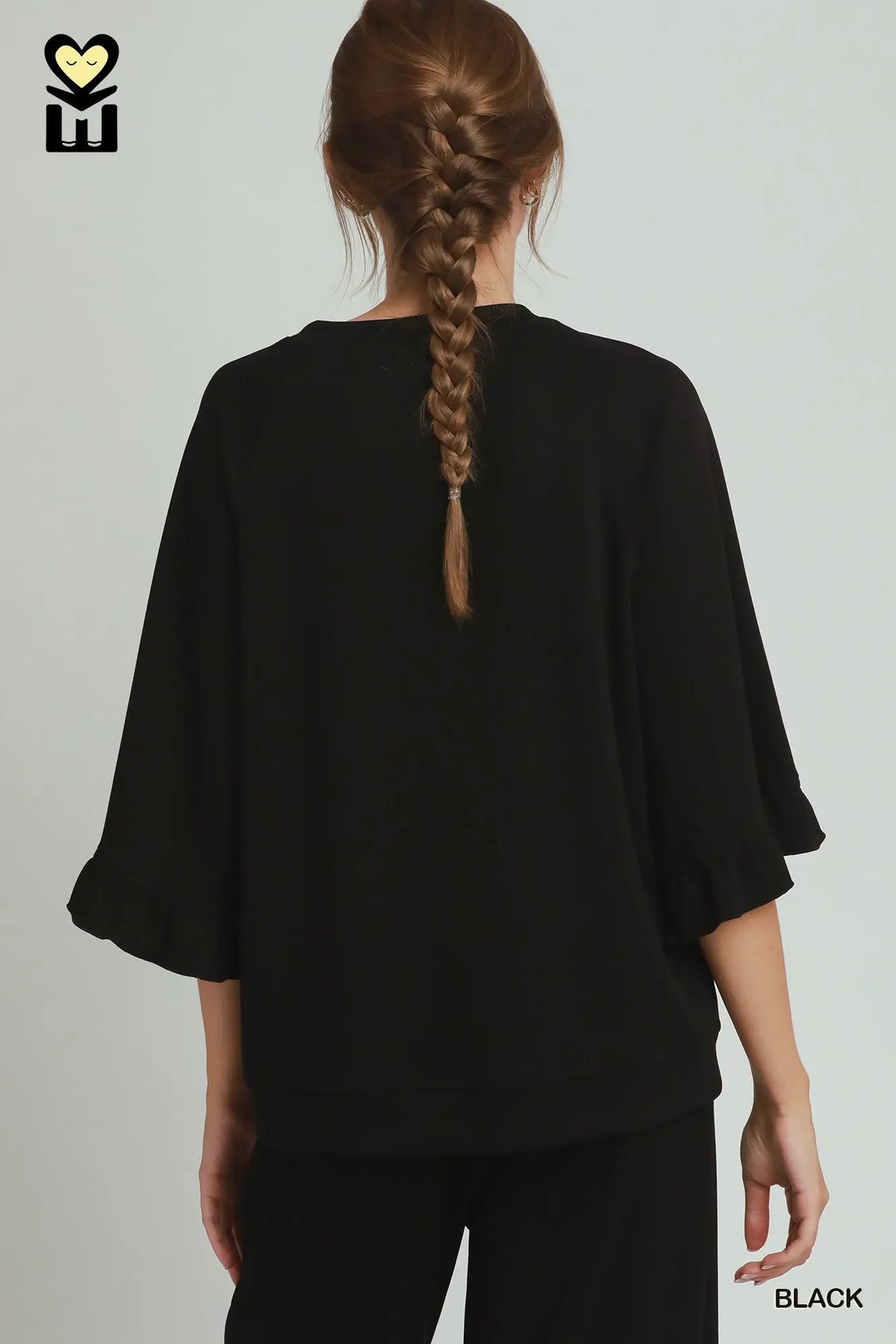 UMGEE Black Round Neck Ruffle Tier Raglan Sleeve Top