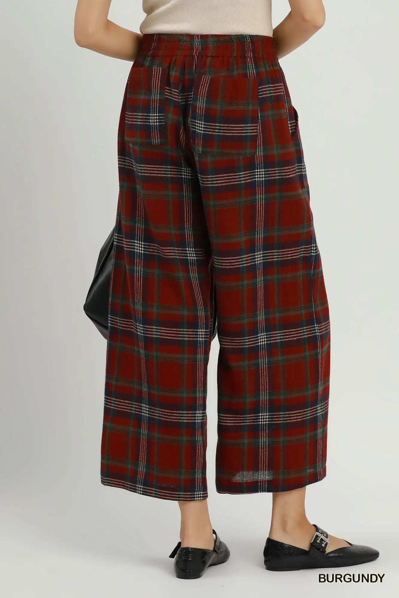 UMGEE Burgundy Linen Blend Plaid Wide Leg Cropped Pants