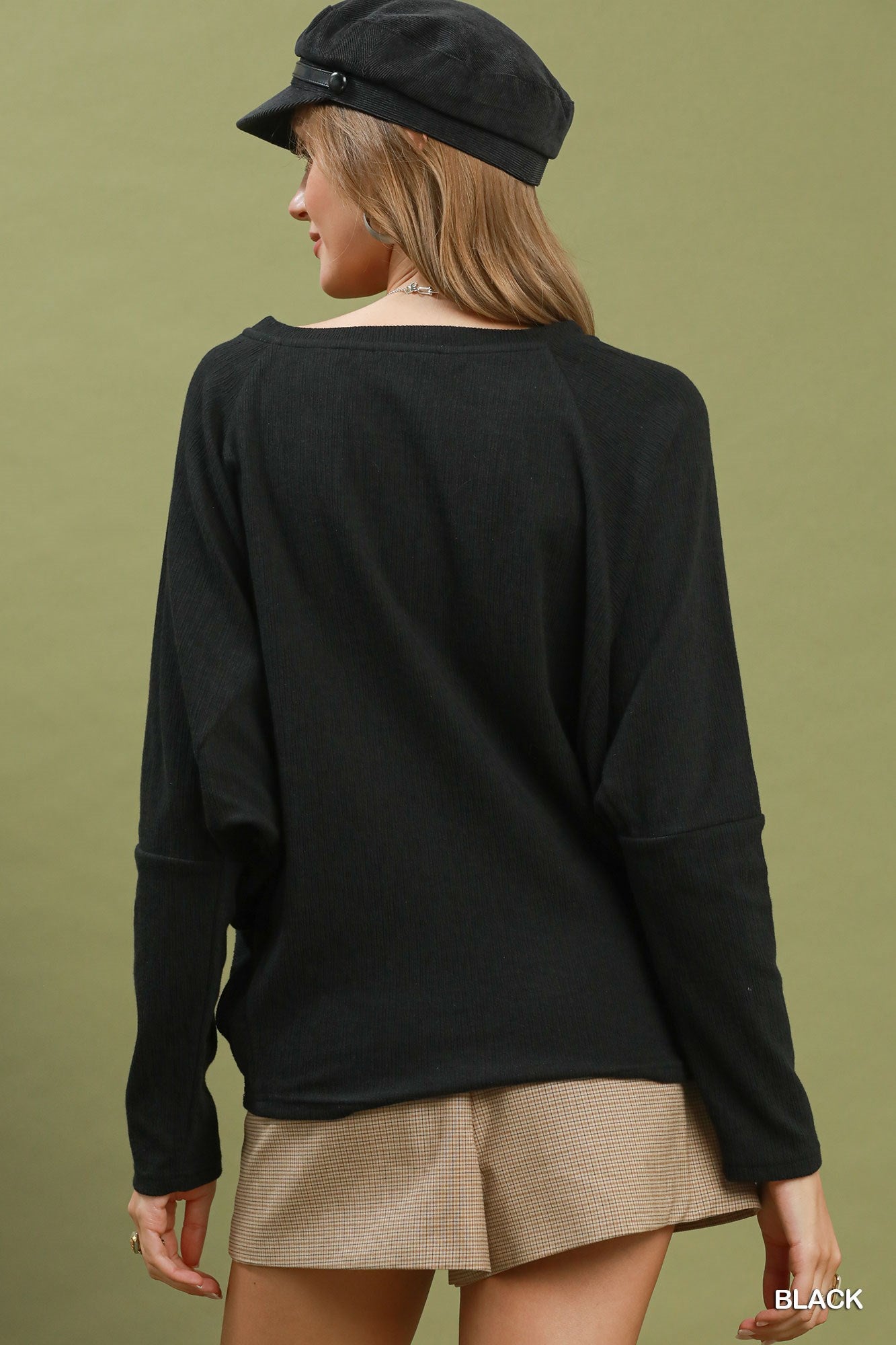 UMGEE Black Textured Knit Long Sleeve Pullover Top
