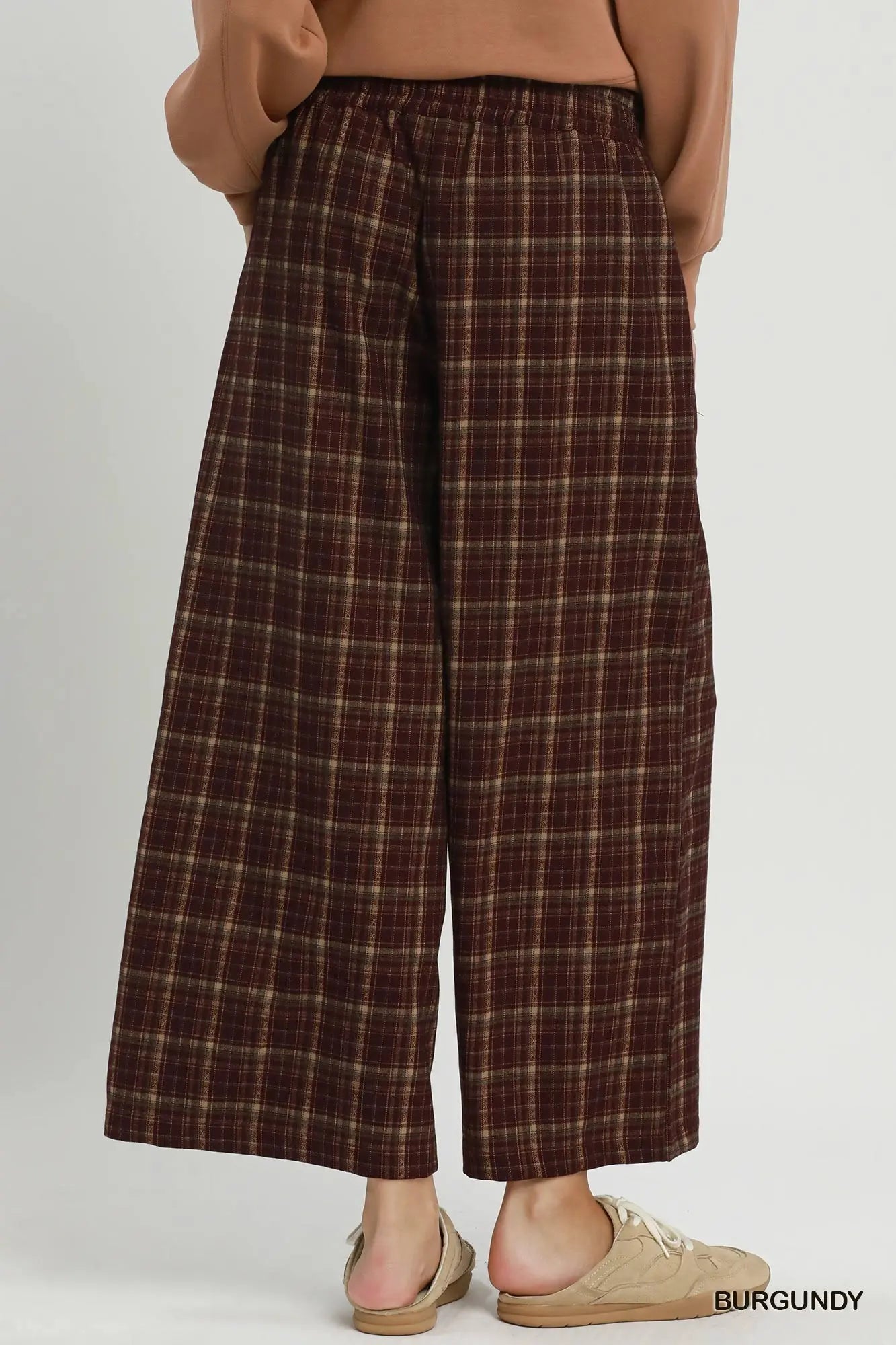 UMGEE Burgundy Brown Tartan Plaid Wide Leg Pull-On Pants