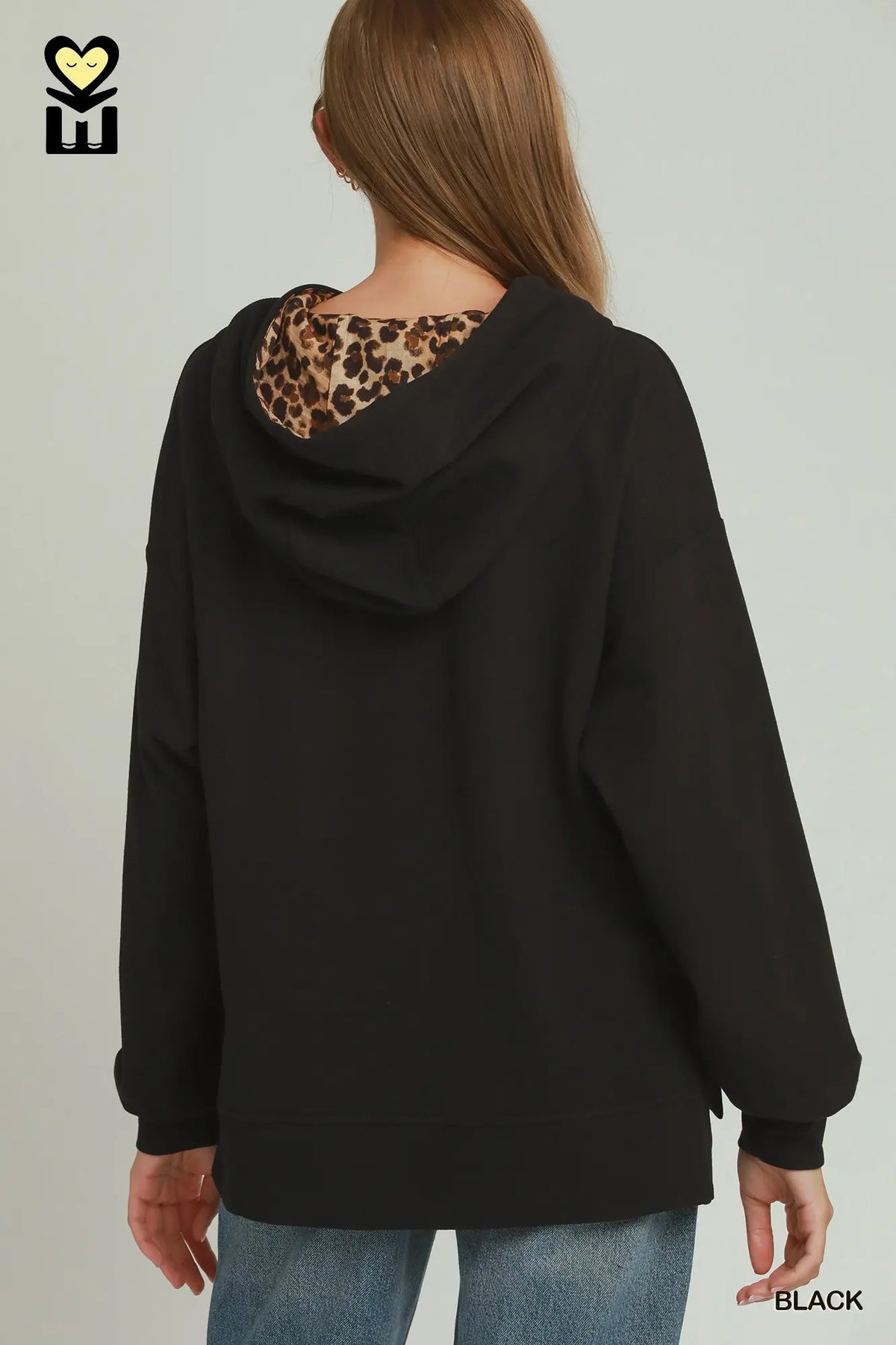 UMGEE Black Waffle Knit Animal Print Hoodie