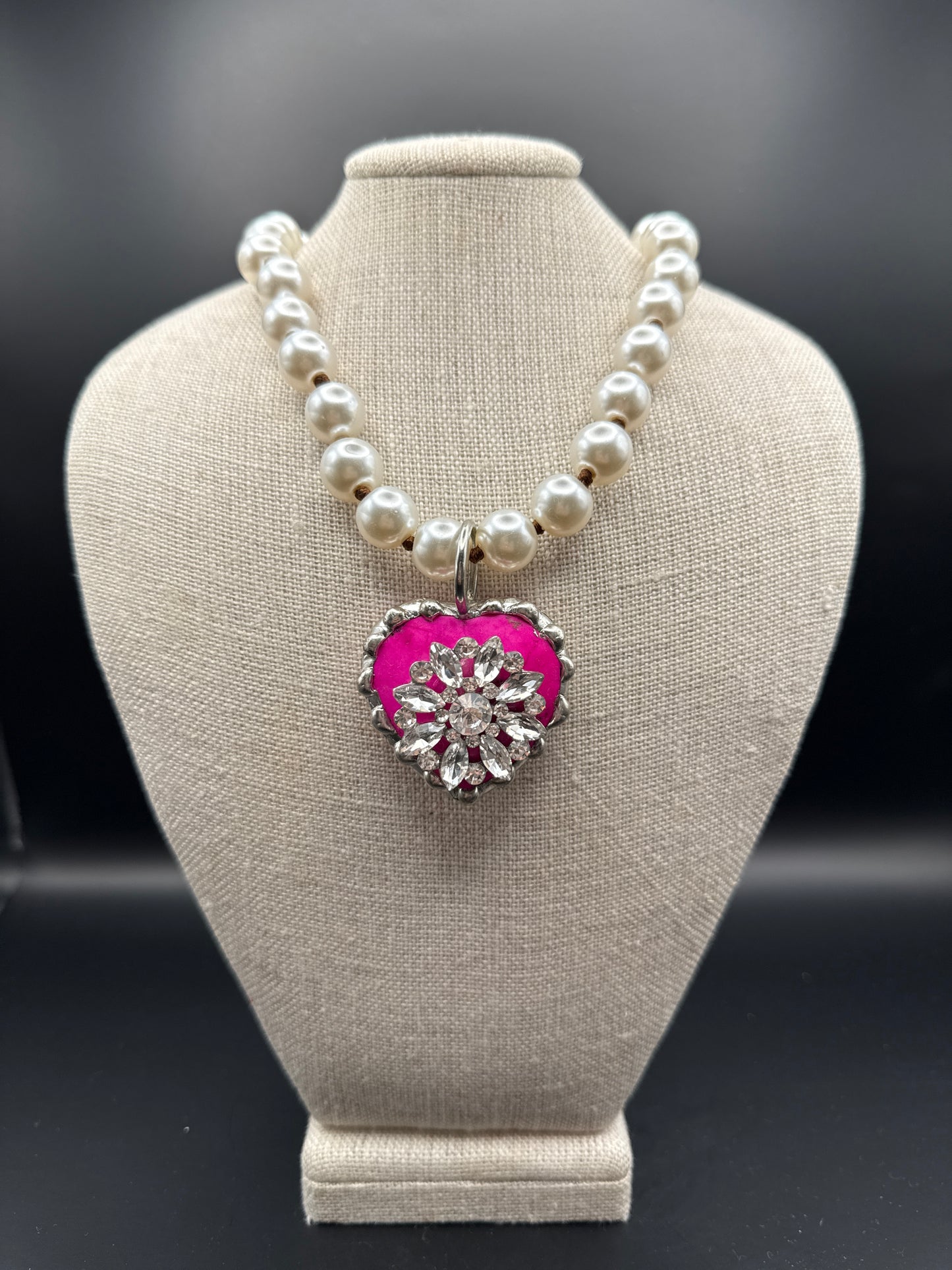 Hand Soldered Hot Pink Heart with Crystal Flower Necklace