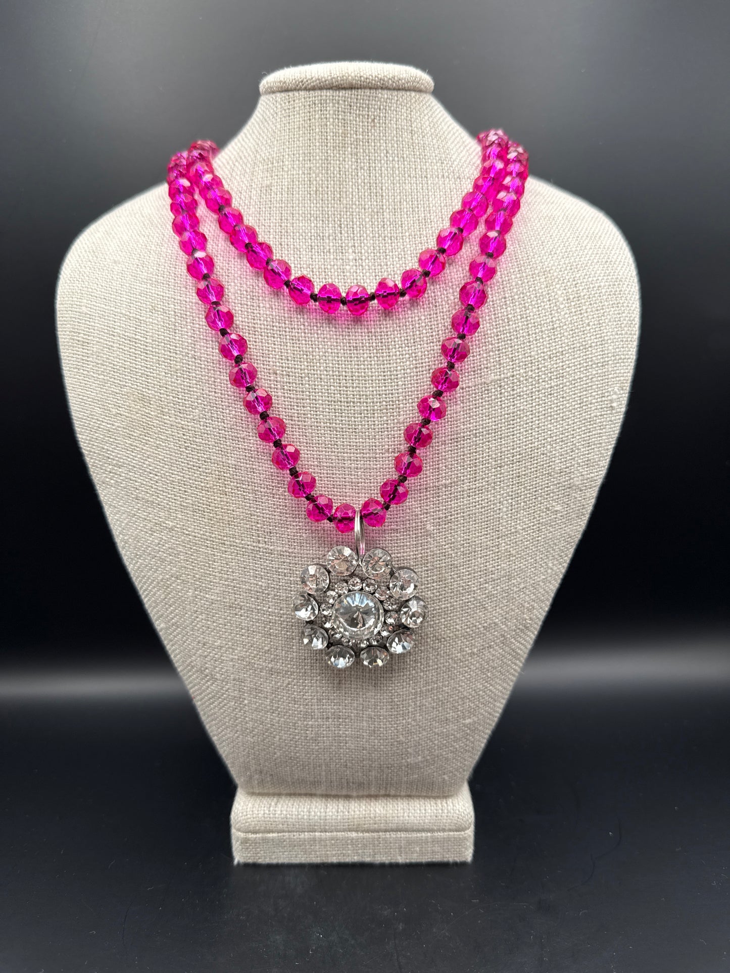 ALICE Crystal Bead Long Necklace Hot Pink