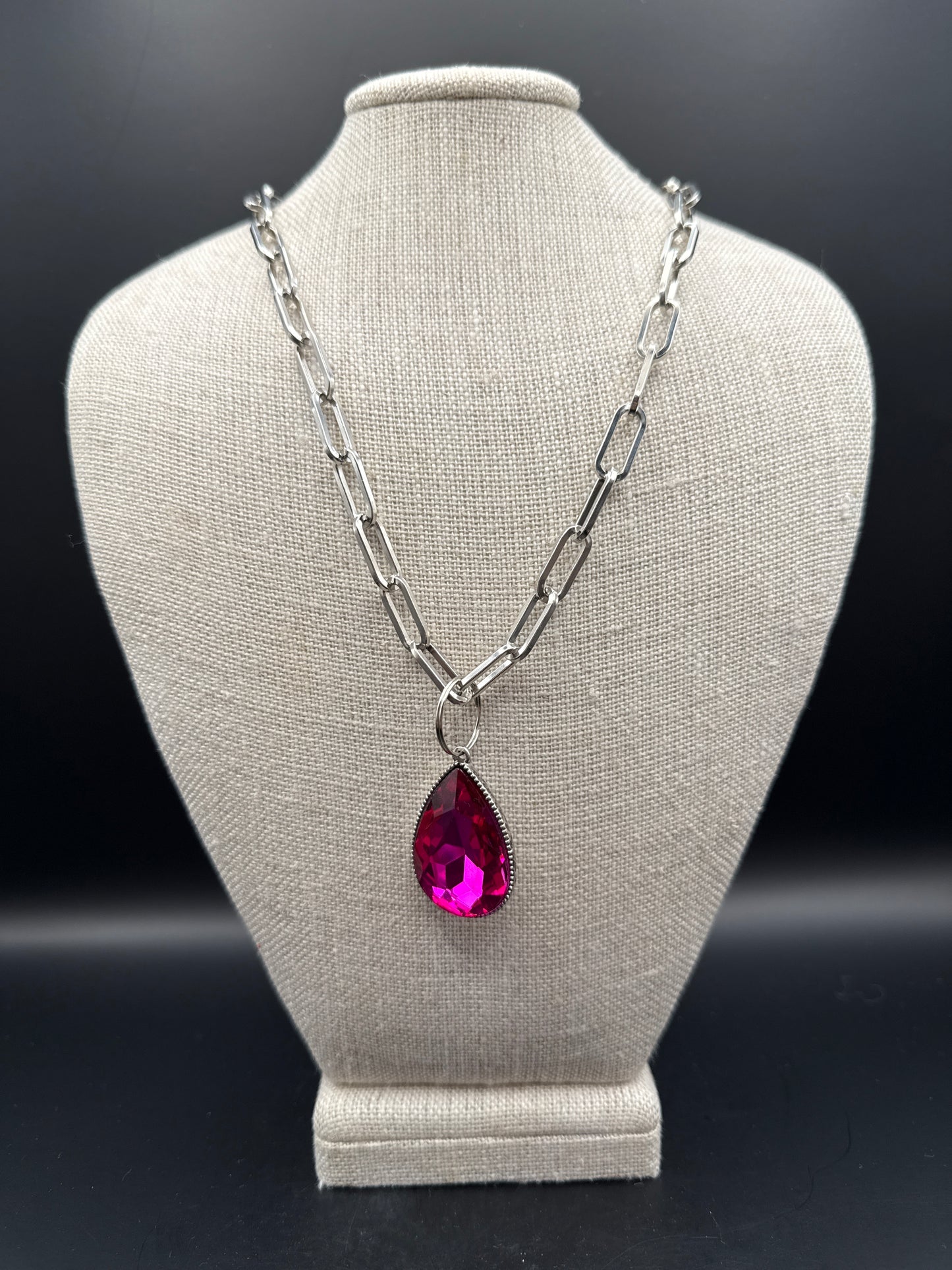 Hot Pink Crystal Teardrop Necklace