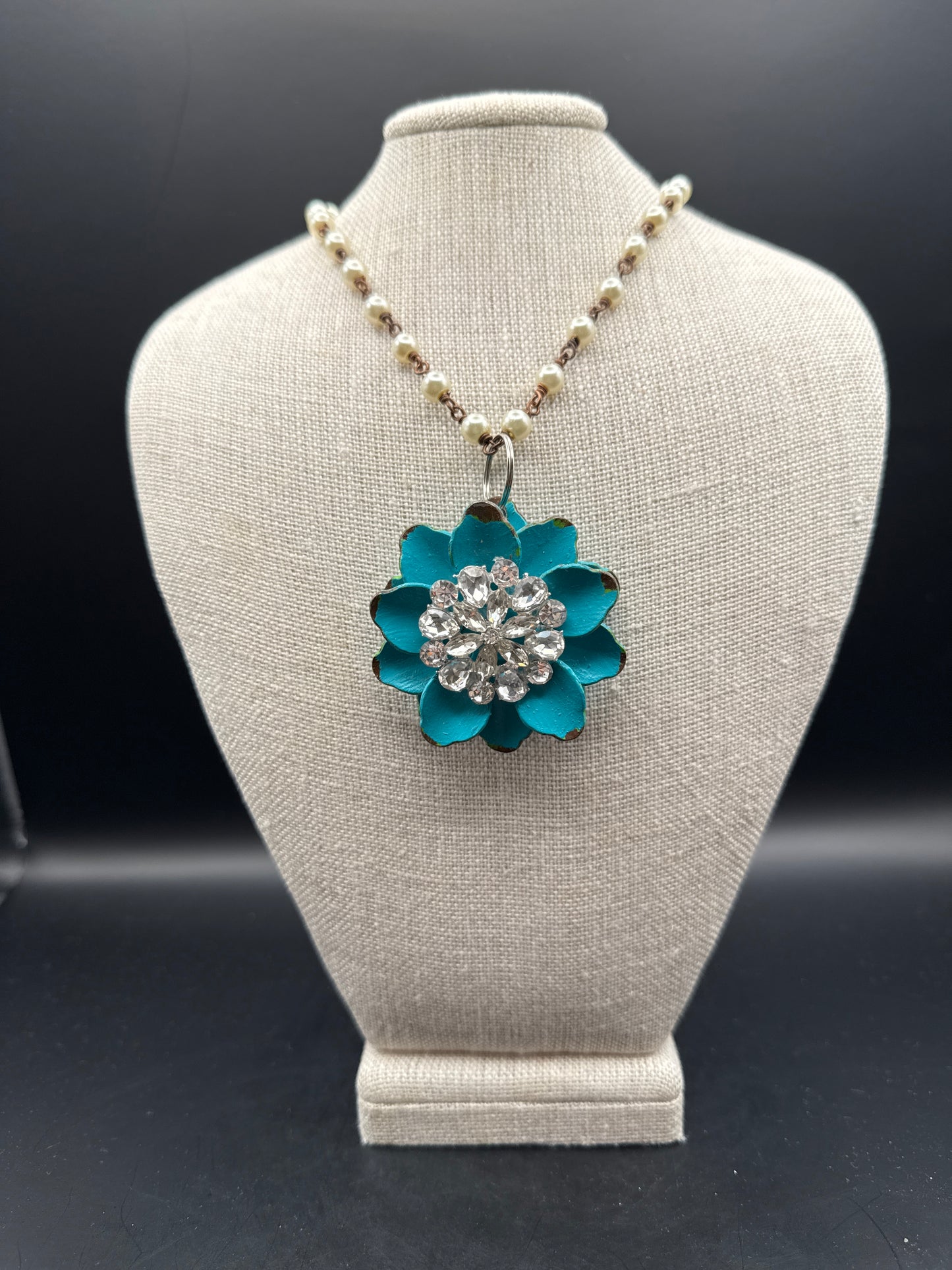 ALICE Teal Floral Necklace with Crystal Center