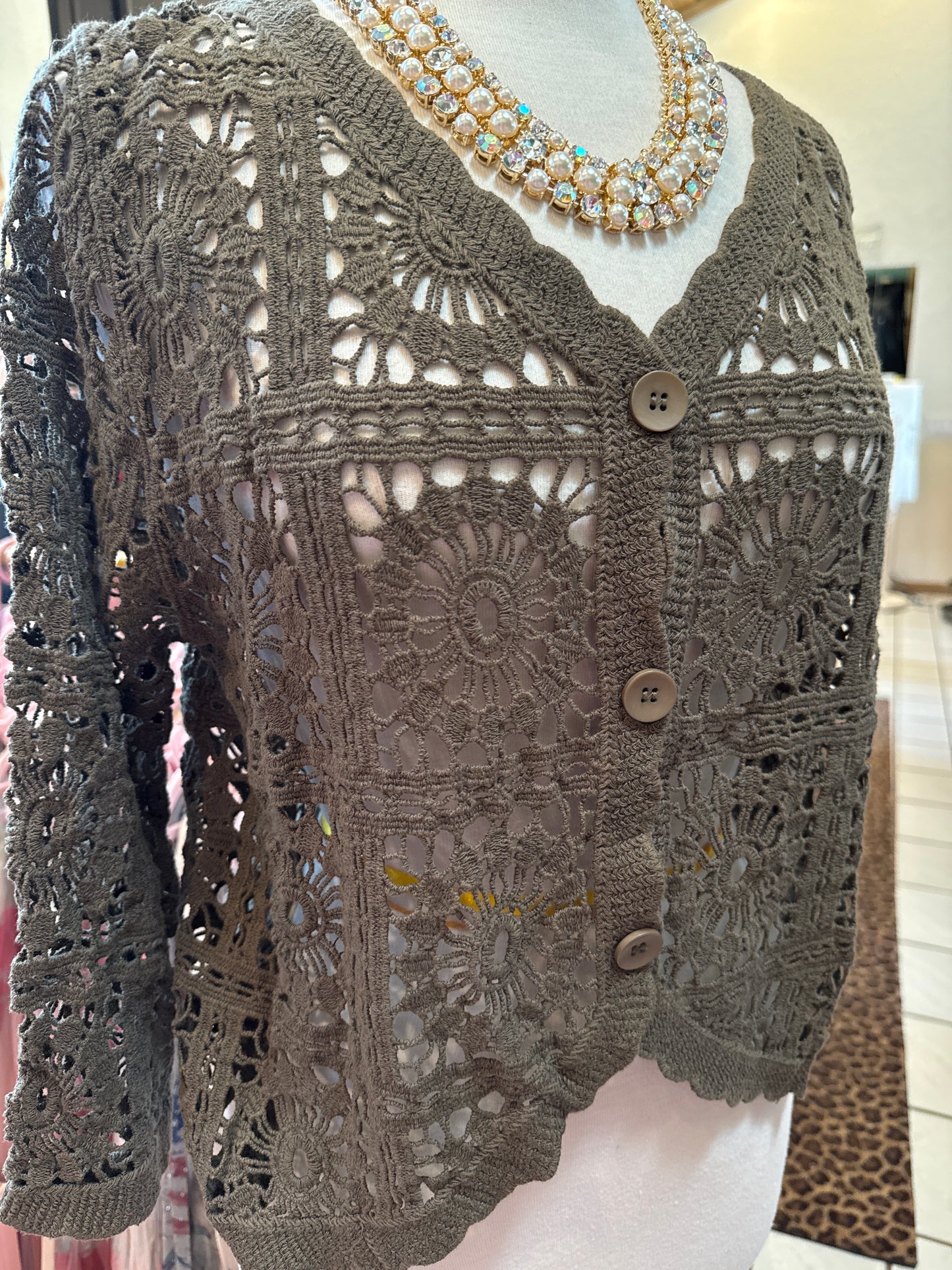 ORIGAMI Olive Short Crochet Cardigan