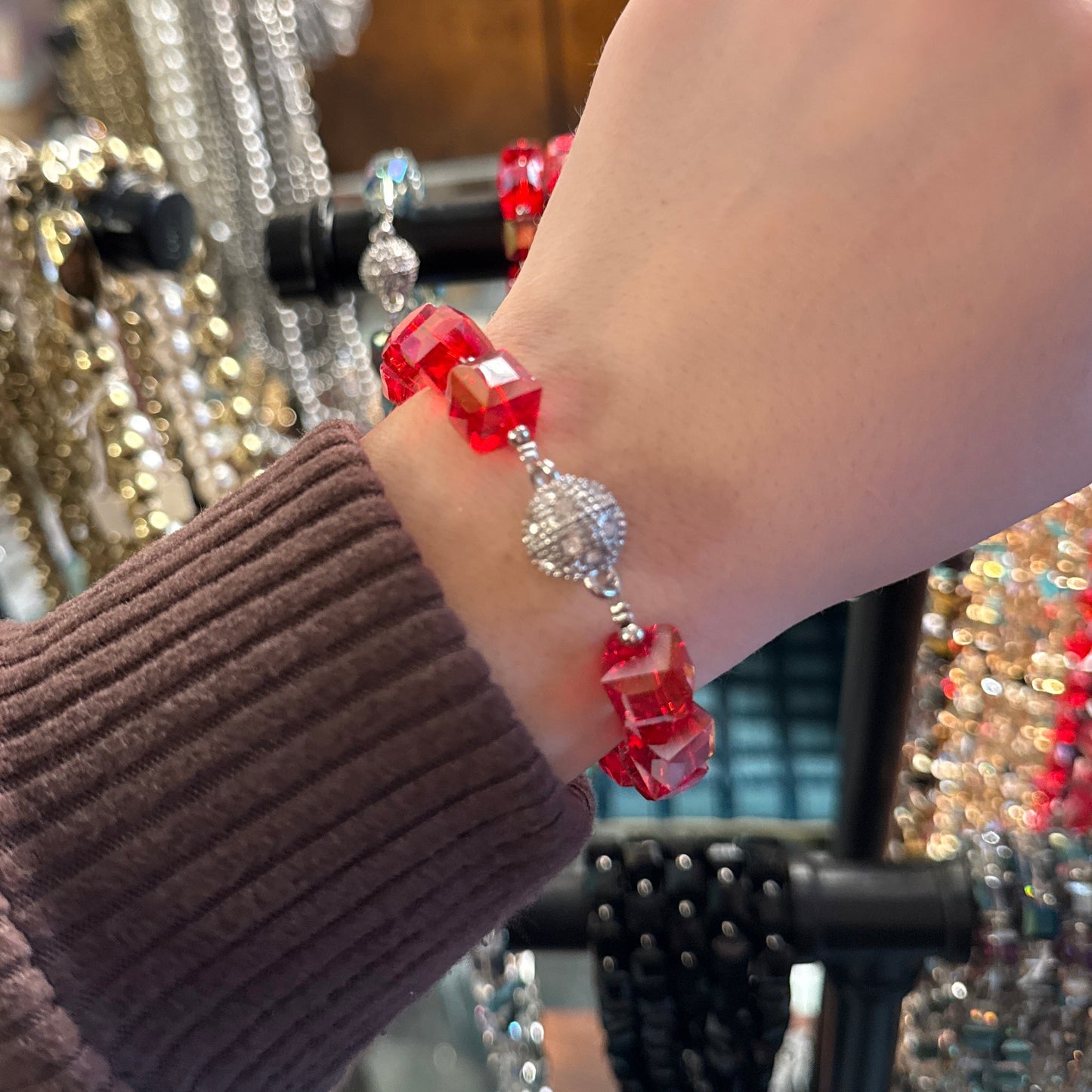 ALICE Red Crystal Cube Magnetic Closure Bracelet