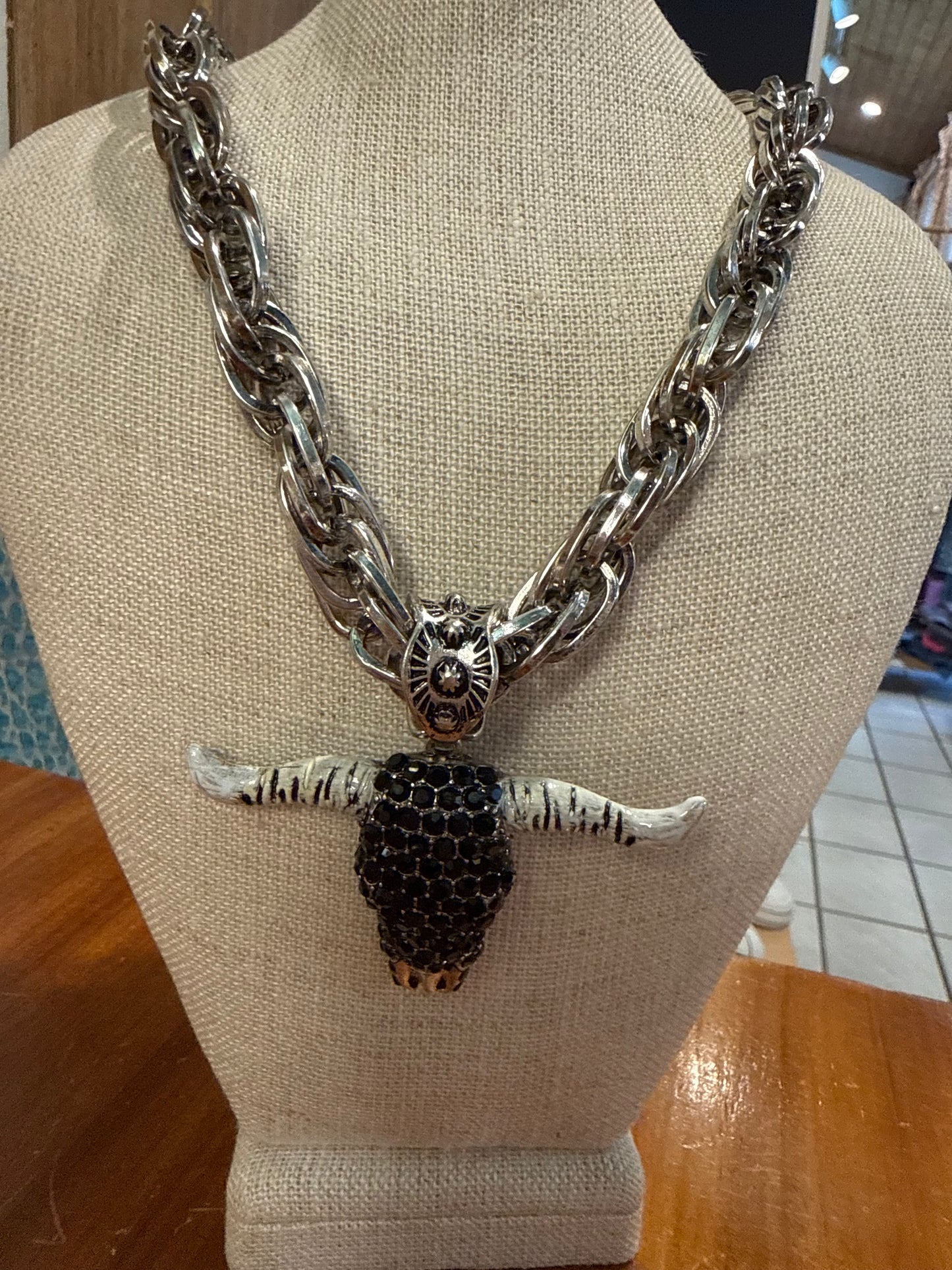Black Crystal Longhorn Necklace