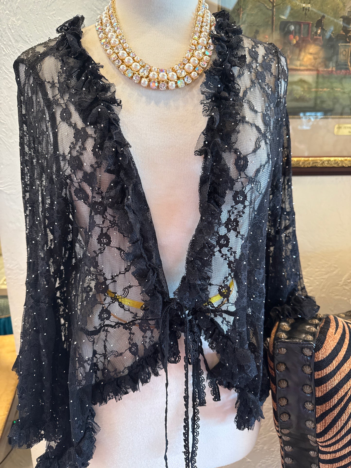 ORIGAMI Black Sparkle Lace Cardigan with Ties