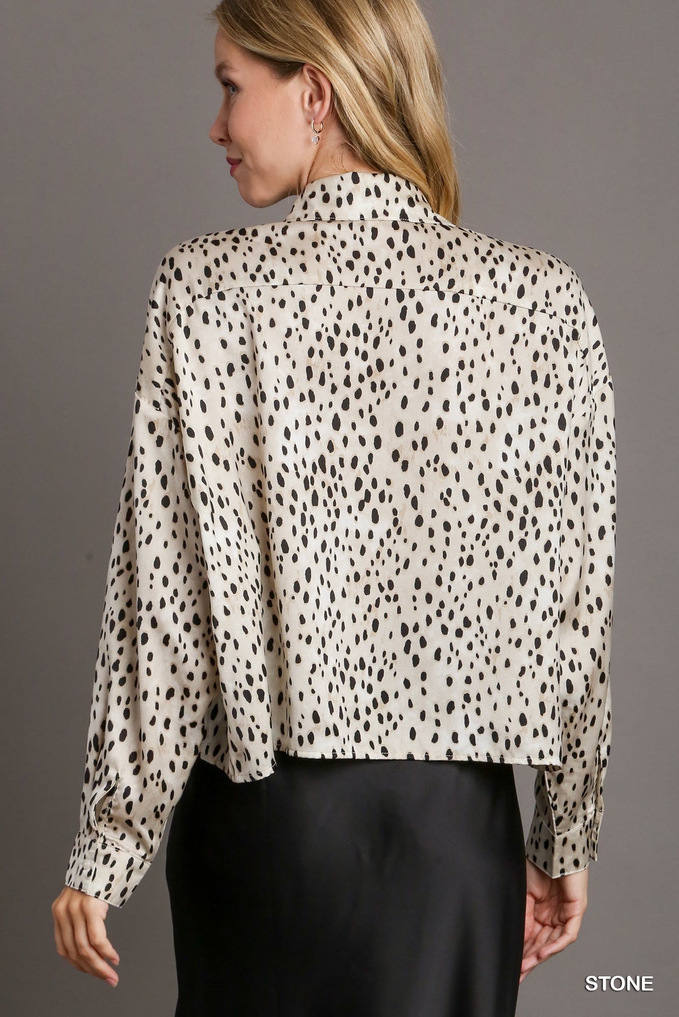 UMGEE Animal Print Long Sleeve Crop Top with Chest Pocket Stone