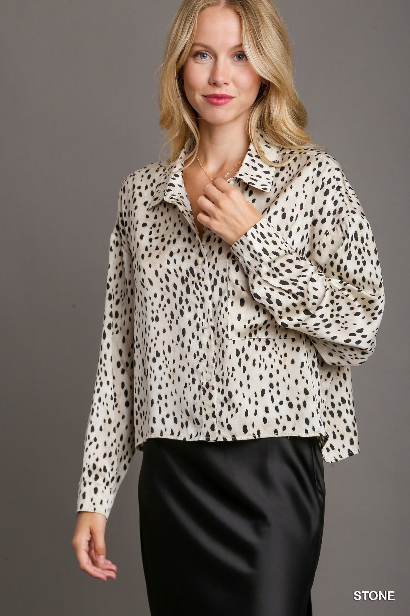 UMGEE Animal Print Long Sleeve Crop Top with Chest Pocket Stone