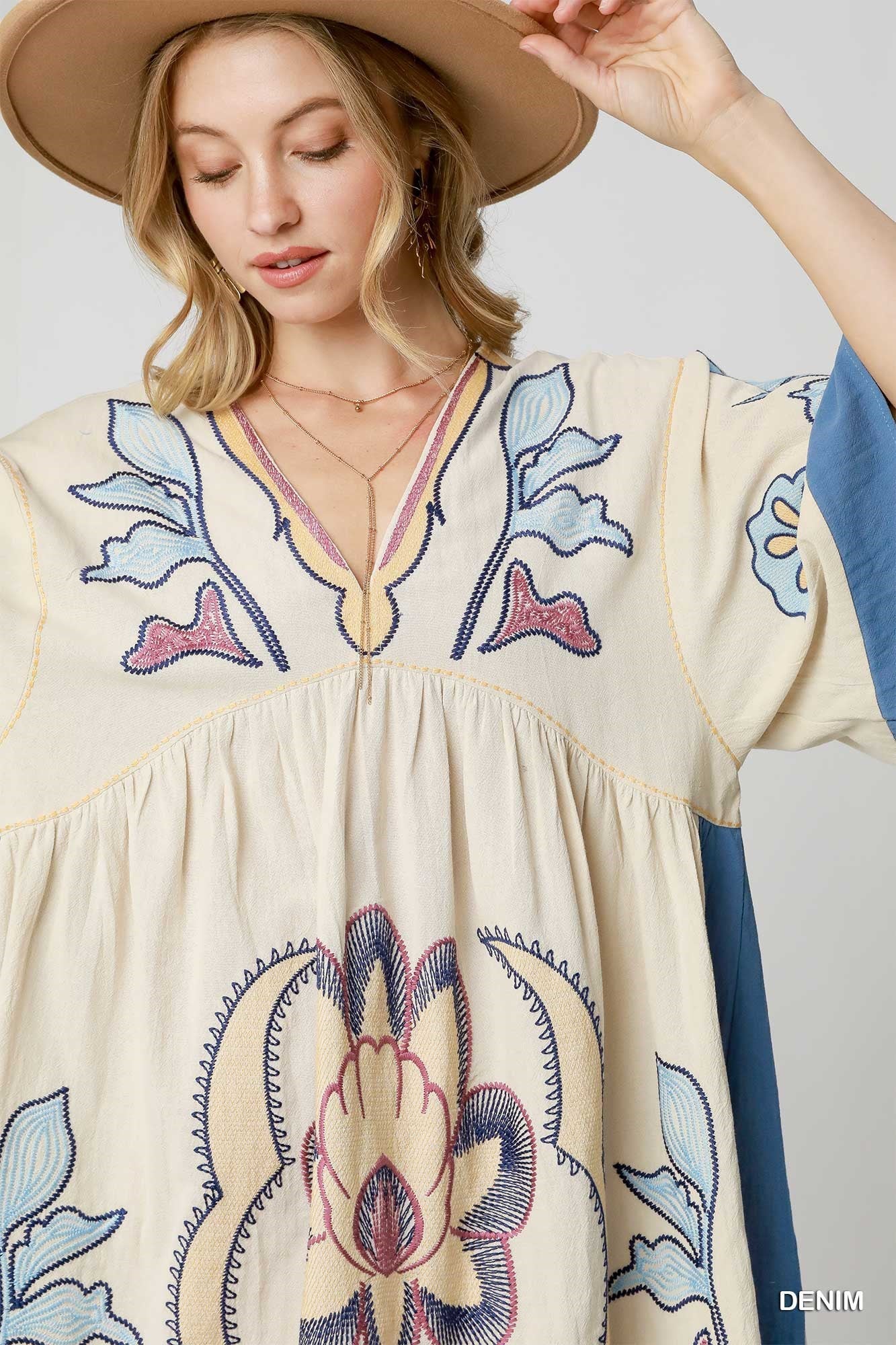 UMGEE Bohemian Embroidered Kaftan Dress Denim
