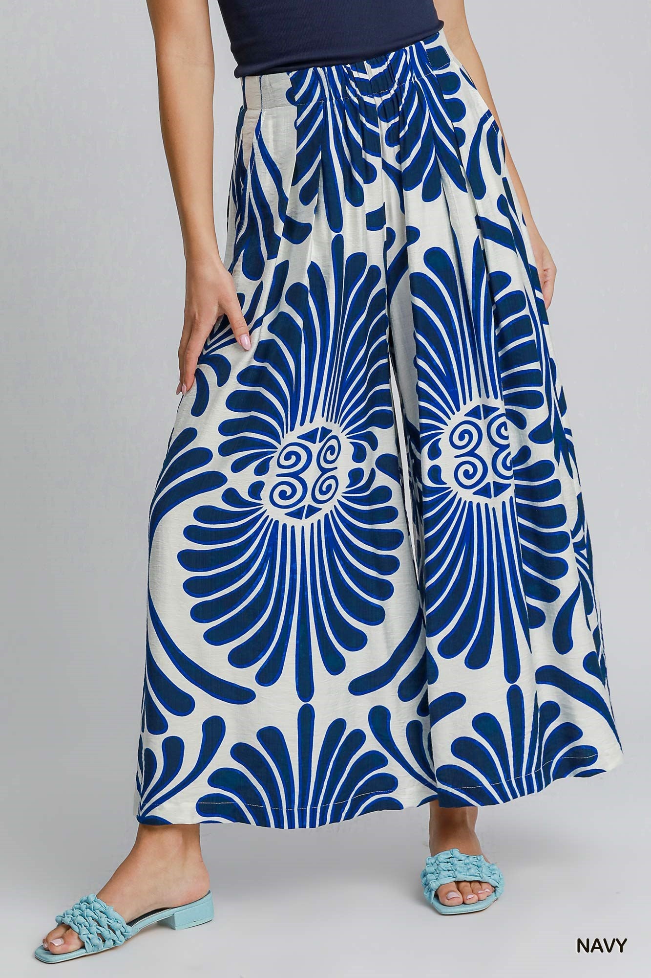 UMGEE Tropical Swirl Wide Leg Pants Navy