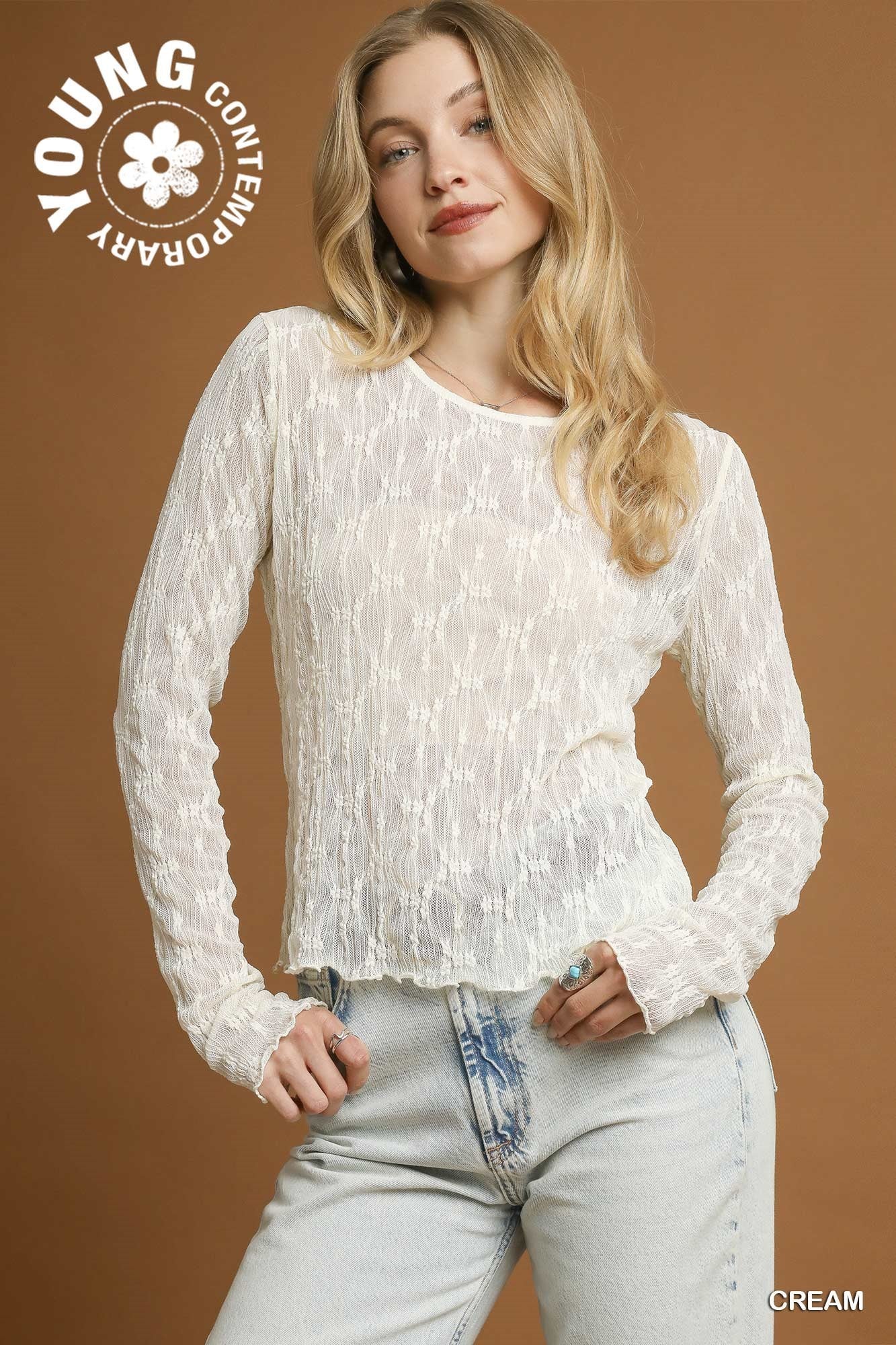 UMGEE Lace Mesh Fitted Top Ivory