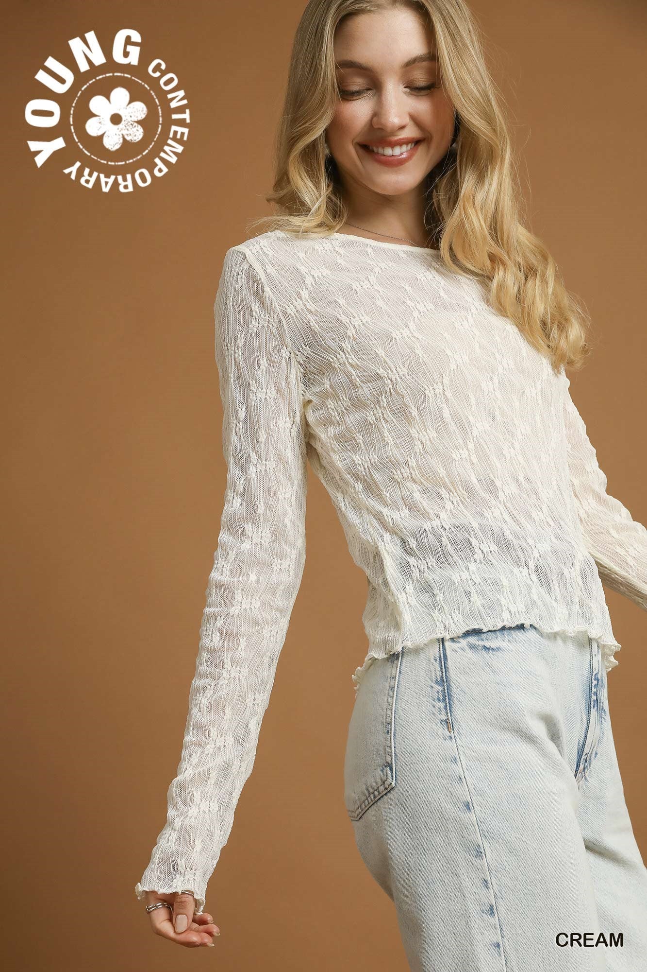 UMGEE Lace Mesh Fitted Top Ivory