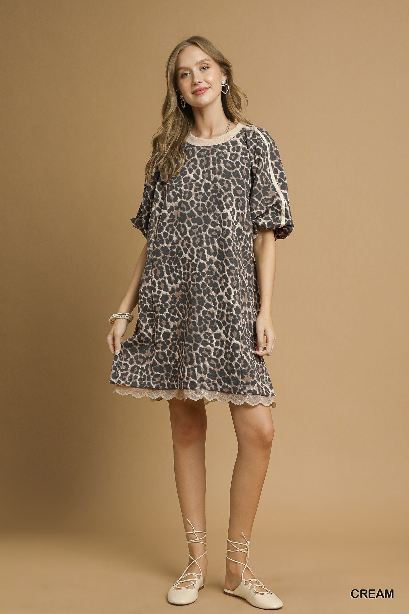 UMGEE Leopard Print Puff Sleeve Dress Cream