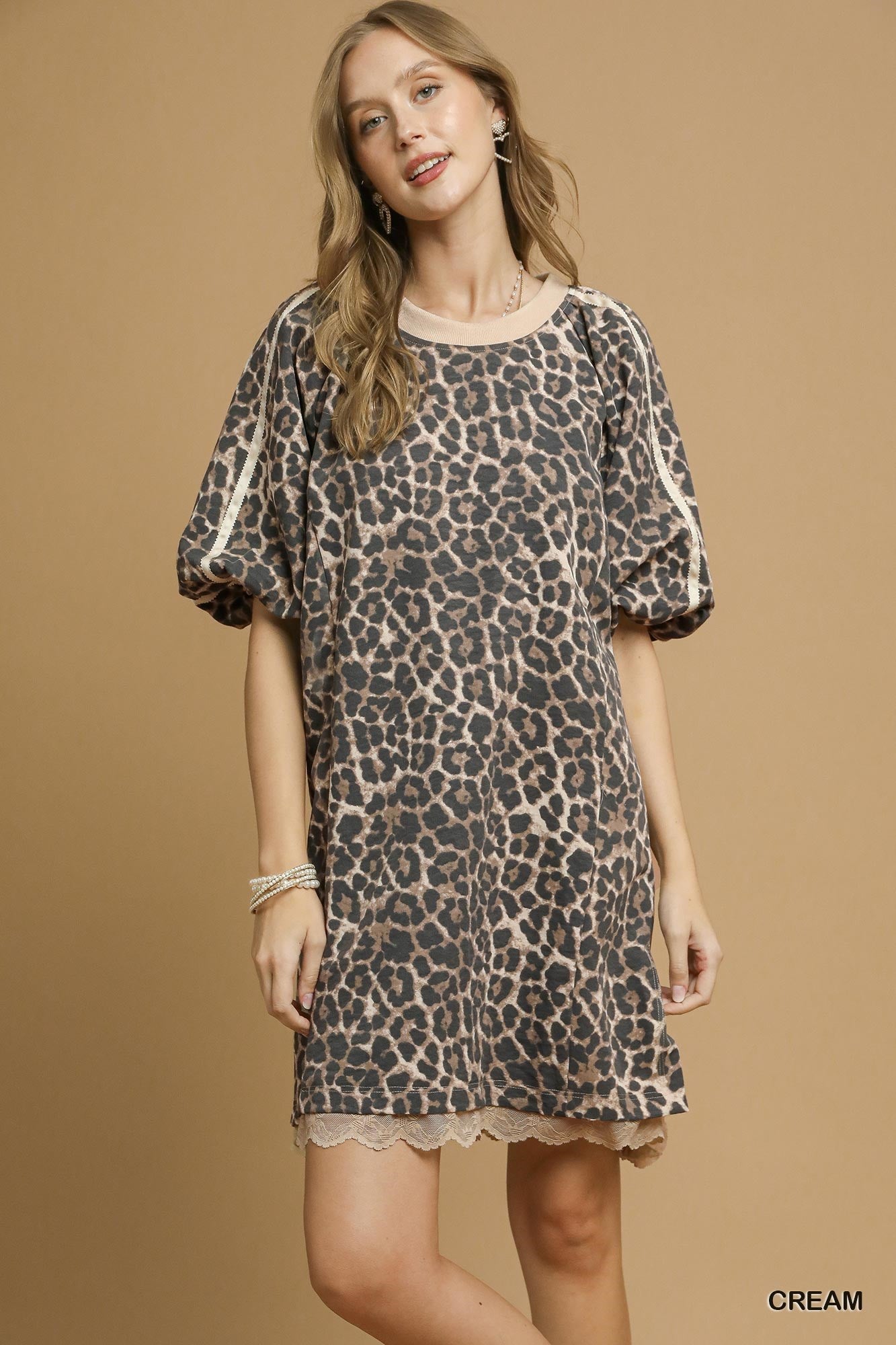UMGEE Leopard Print Puff Sleeve Dress Cream