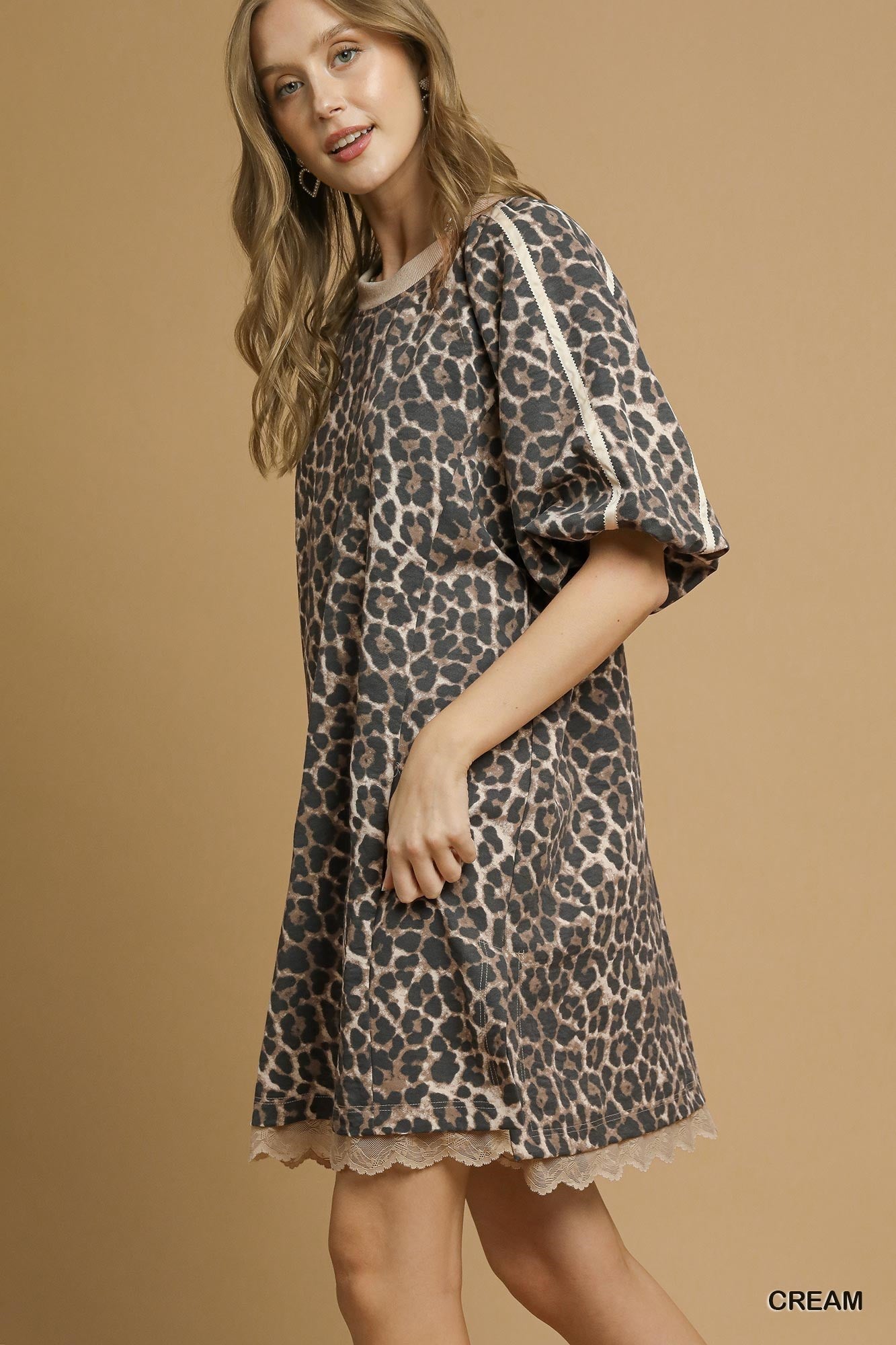 UMGEE Leopard Print Puff Sleeve Dress Cream