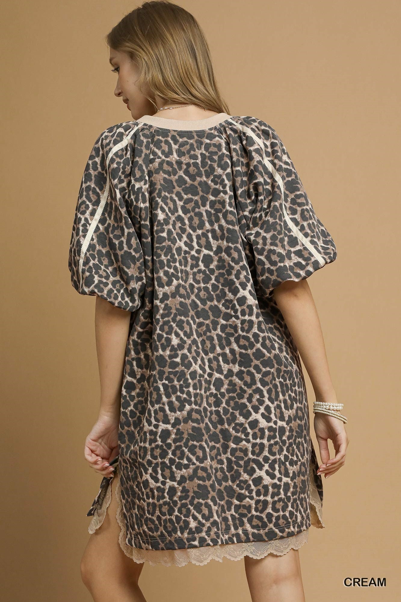 UMGEE Leopard Print Puff Sleeve Dress Cream