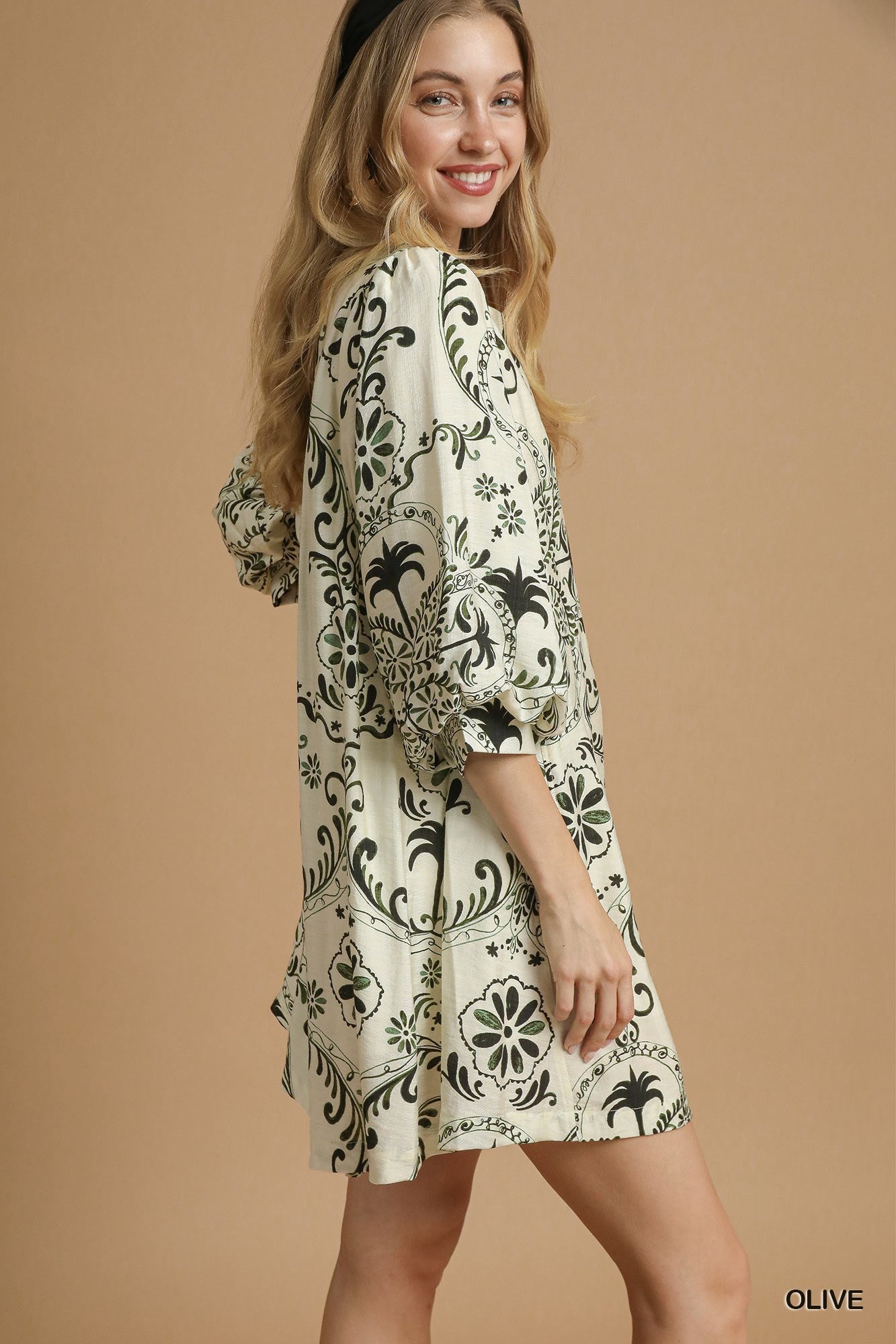 UMGEE Boho Printed Balloon Sleeve Mini Dress Olive