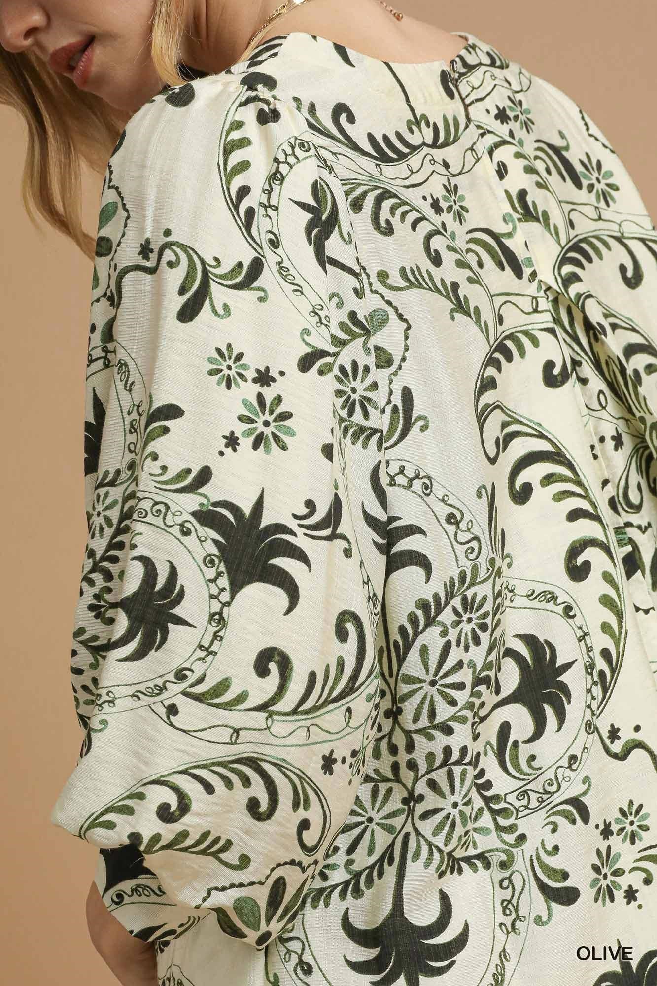 UMGEE Boho Printed Balloon Sleeve Mini Dress Olive