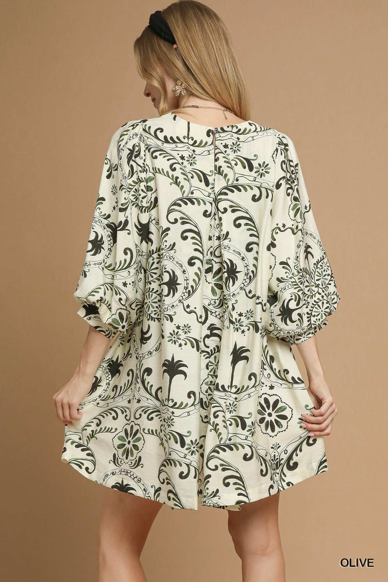 UMGEE Boho Printed Balloon Sleeve Mini Dress Olive